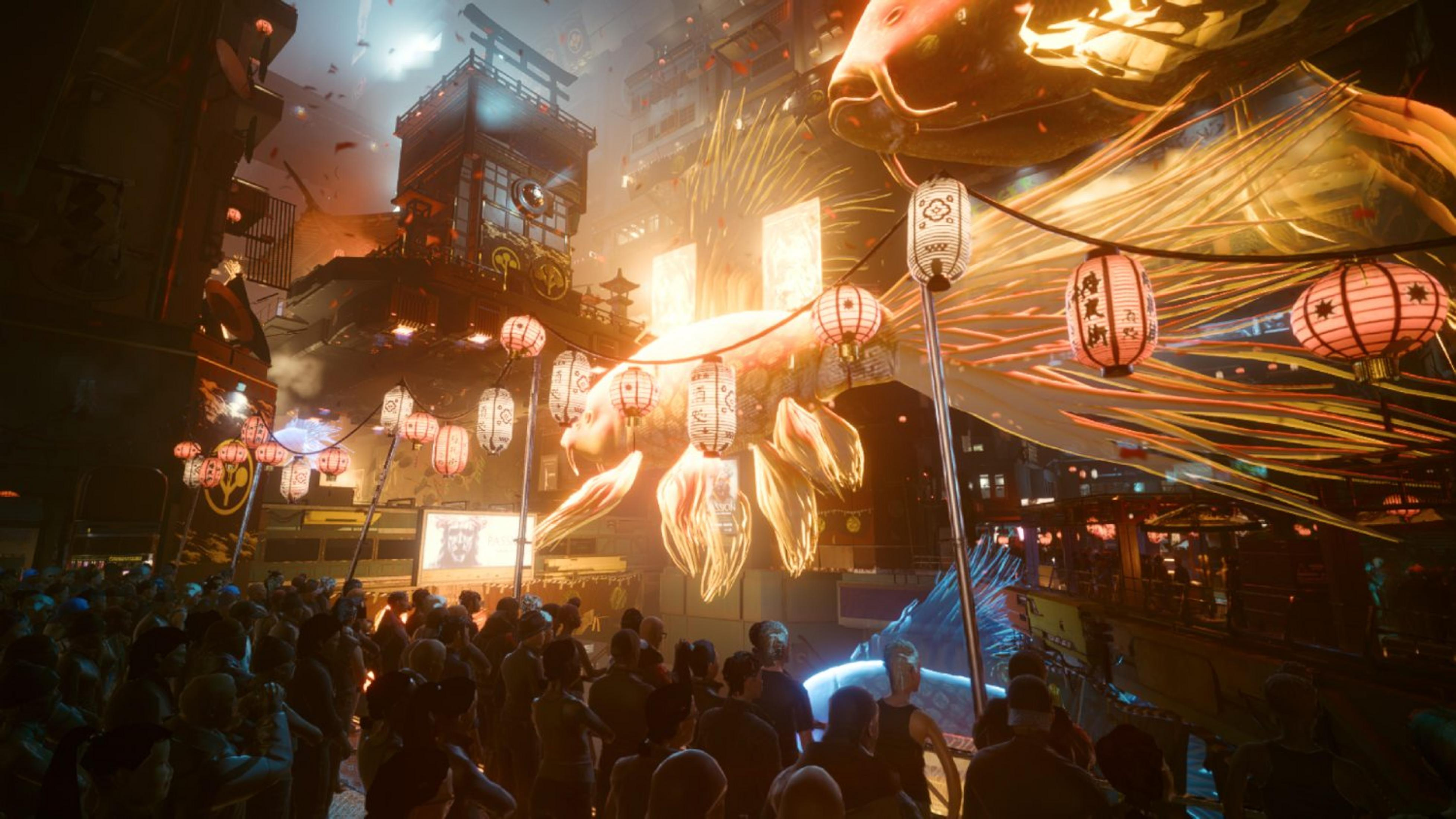Una multitud celebra bajo linternas japonesas y un pez gigante en un estilo cyberpunk futurista.