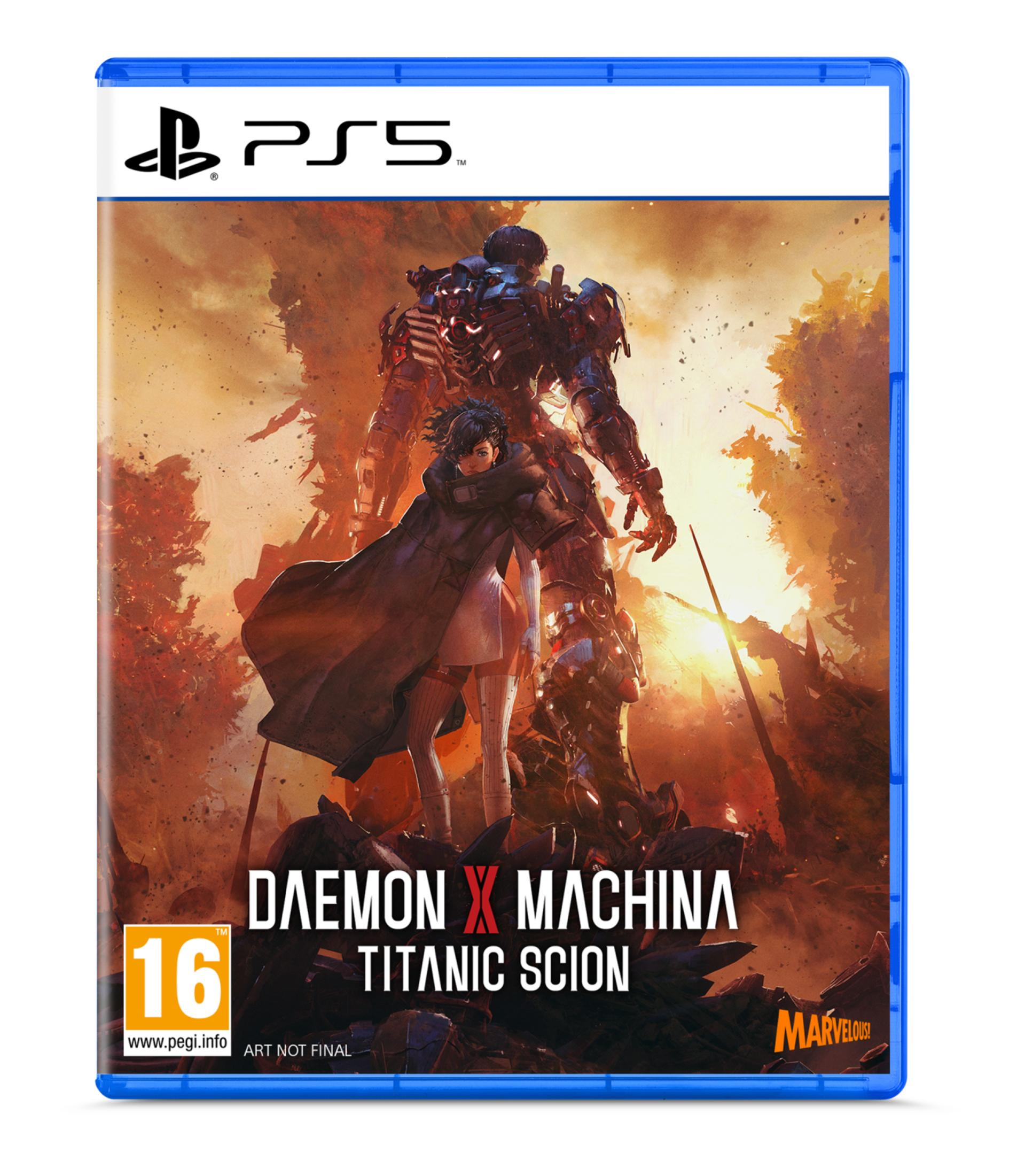 Portada PS5: Joven con abrigo oscuro ante un mecha gigante en batalla.