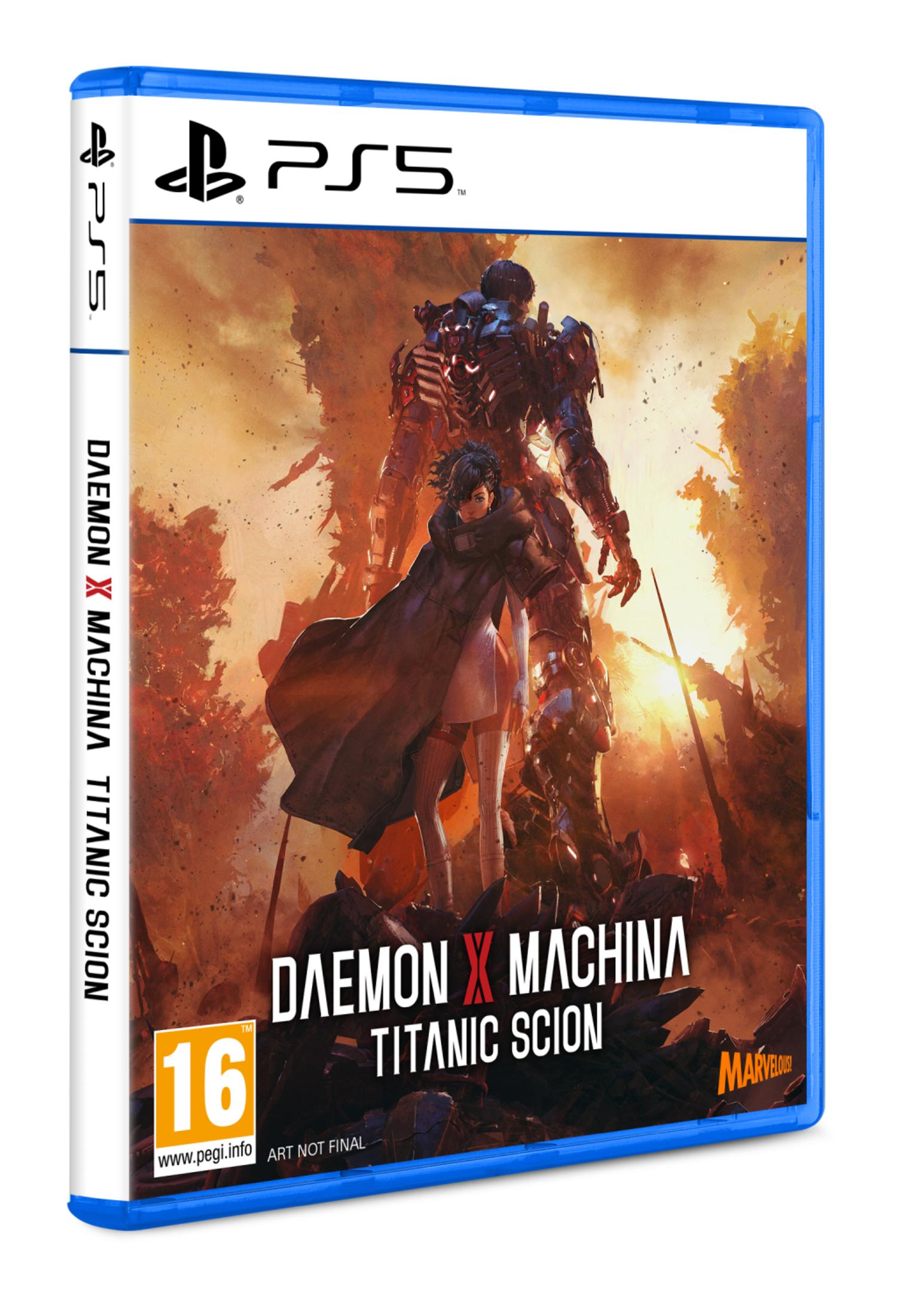 Caja de juego PS5 con personajes de anime y robots sobre fondo ardiente.