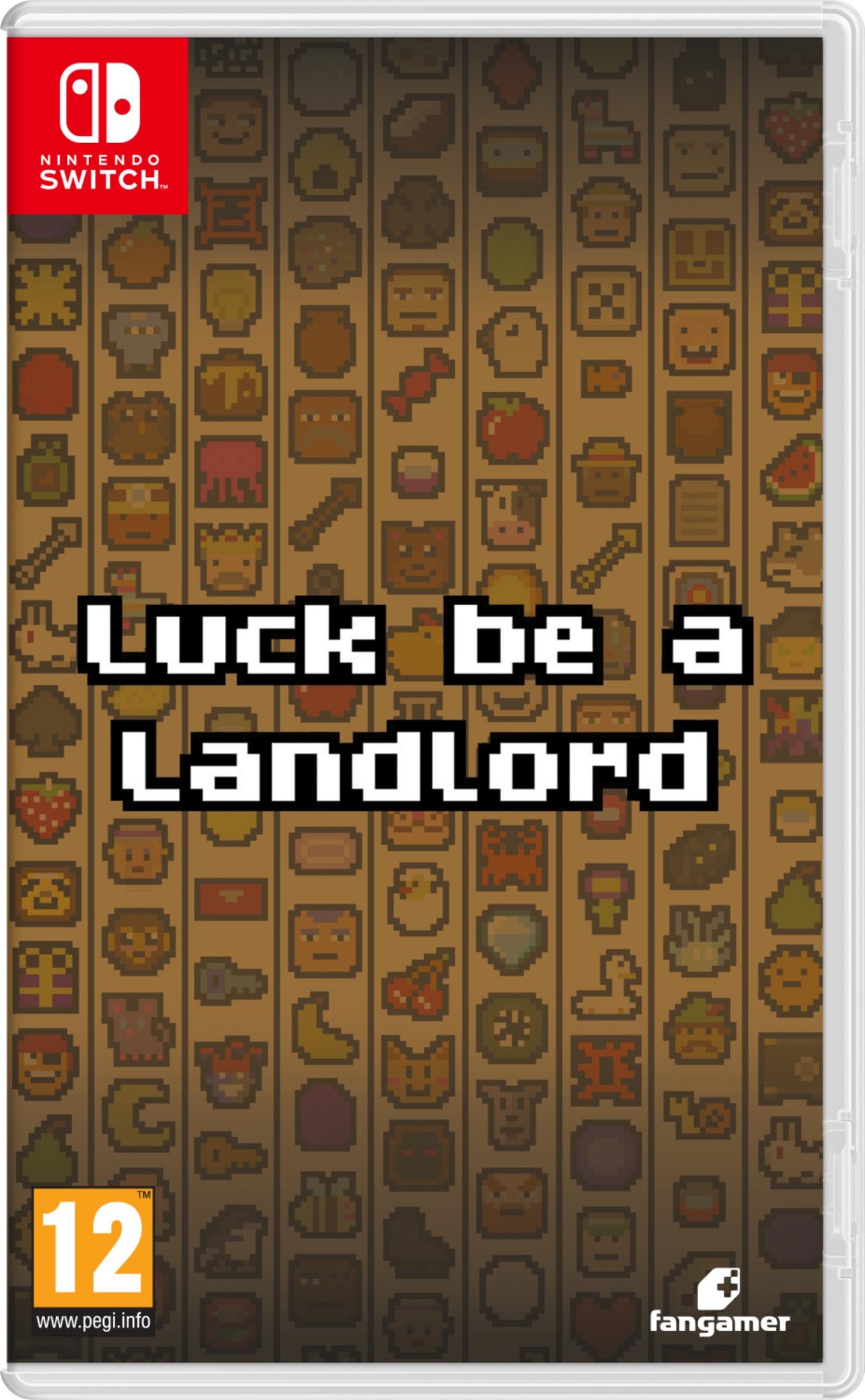 Copertina gioco Nintendo Switch "Luck be a Landlord" con icone pixel art.