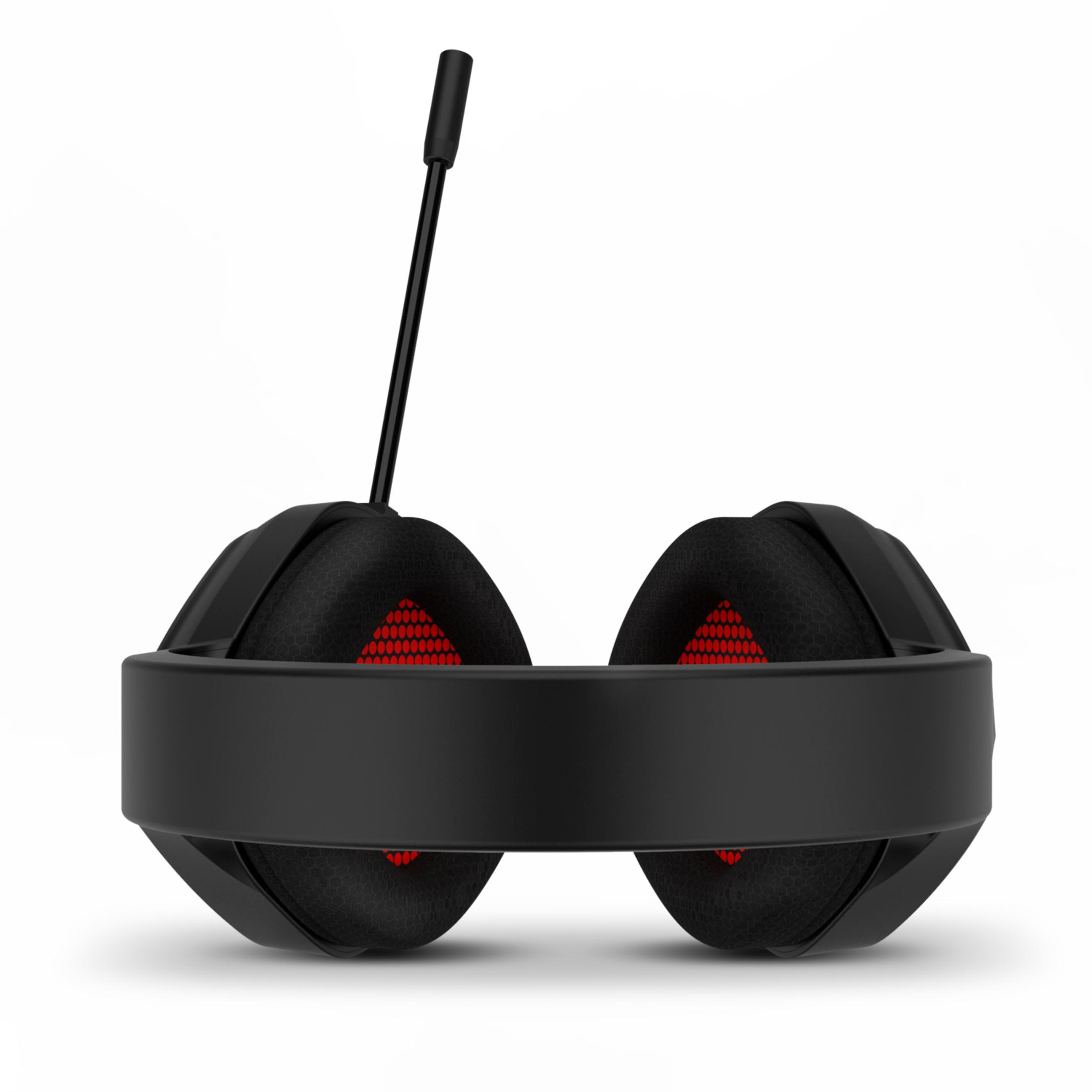 Cuffie nere con microfono e motivo rosso sui padiglioni auricolari.