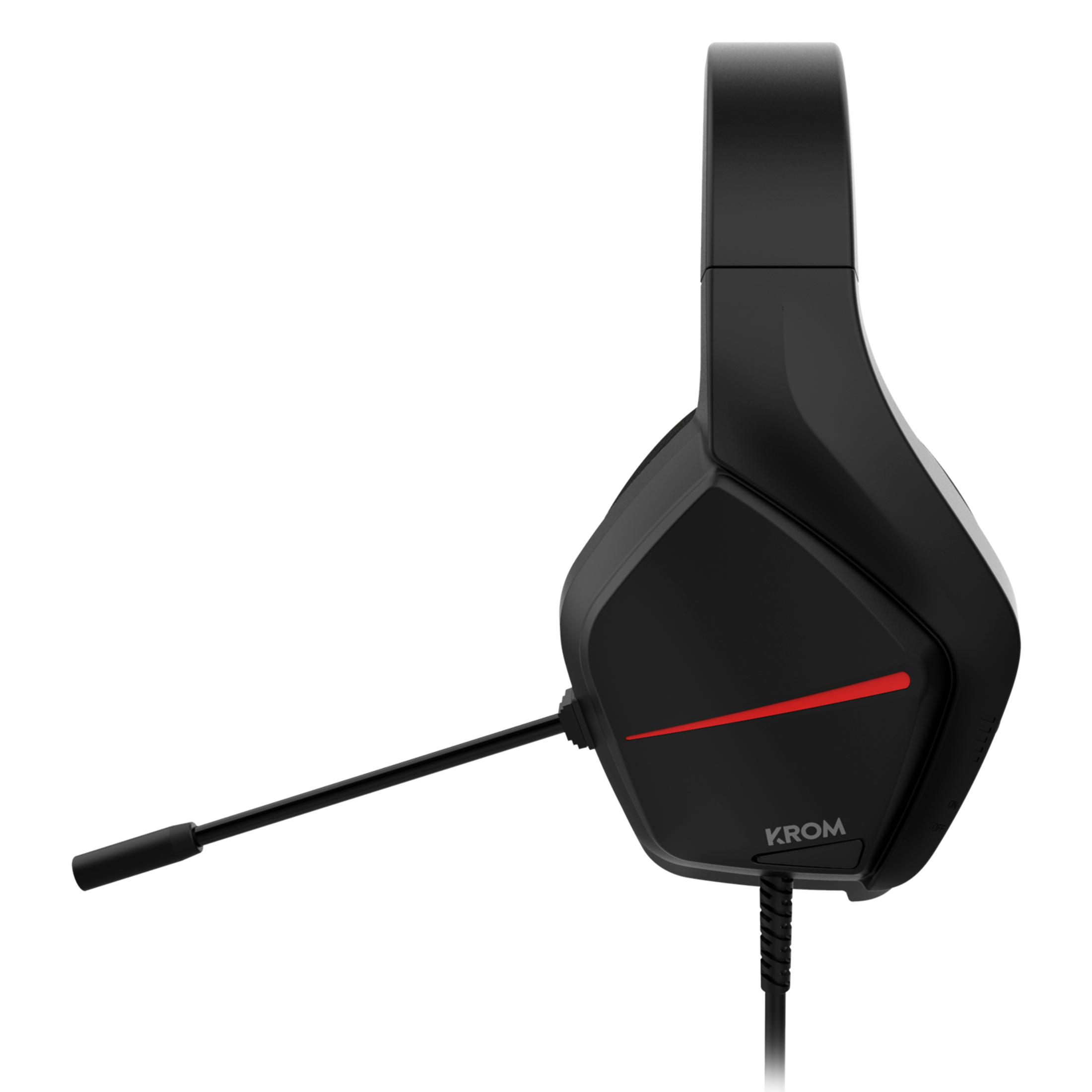 Cuffie da gaming nere con microfono e accento rosso. Logo KROM.