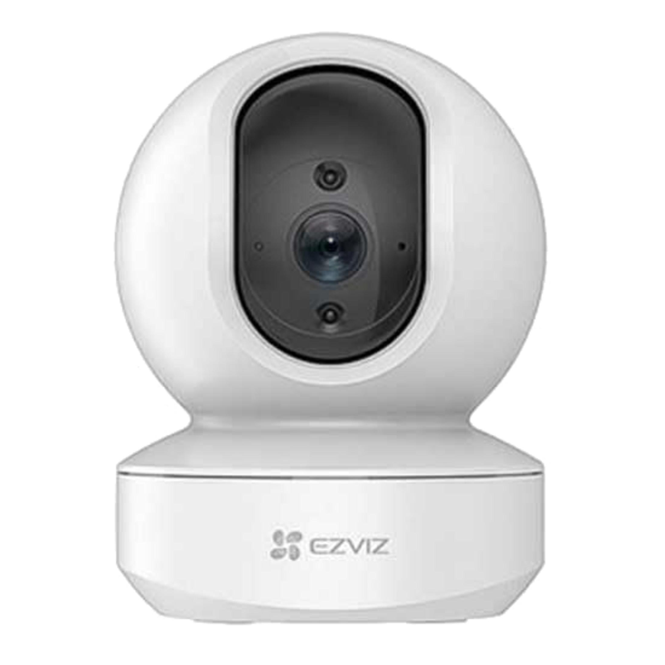 Una telecamera di sicurezza bianca con testa girevole e logo EZVIZ.