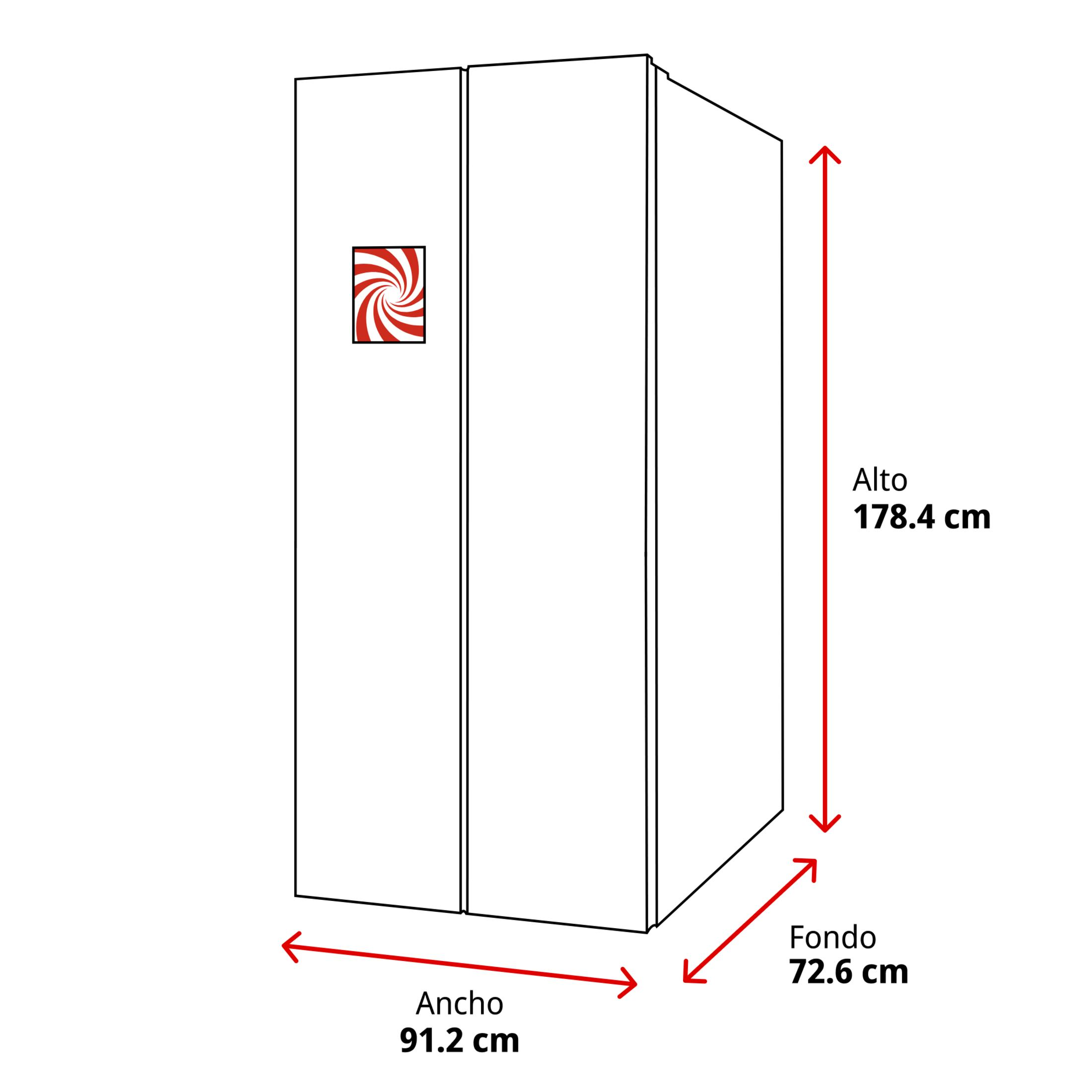 Un refrigerador con dimensiones: Altura 178,4 cm, Anchura 91,2 cm, Profundidad 72,6 cm.
