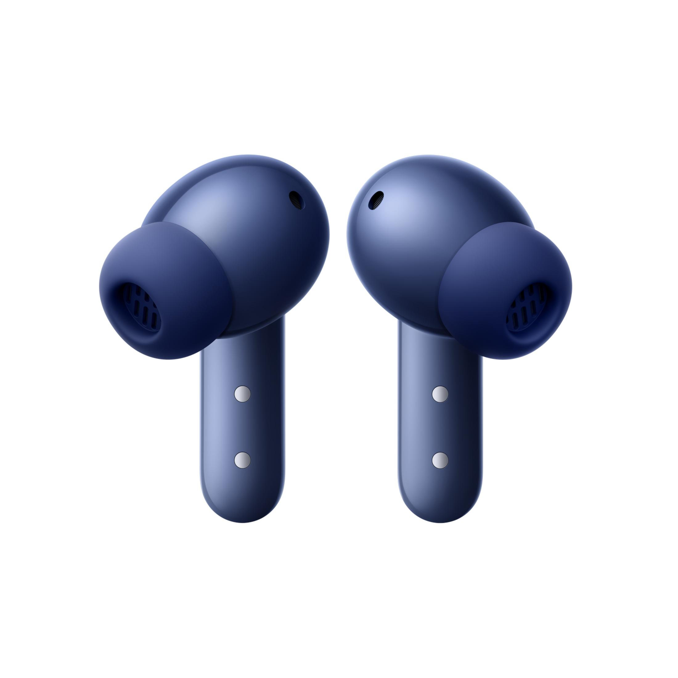 Due auricolari wireless blu con punte in silicone e spie di ricarica.