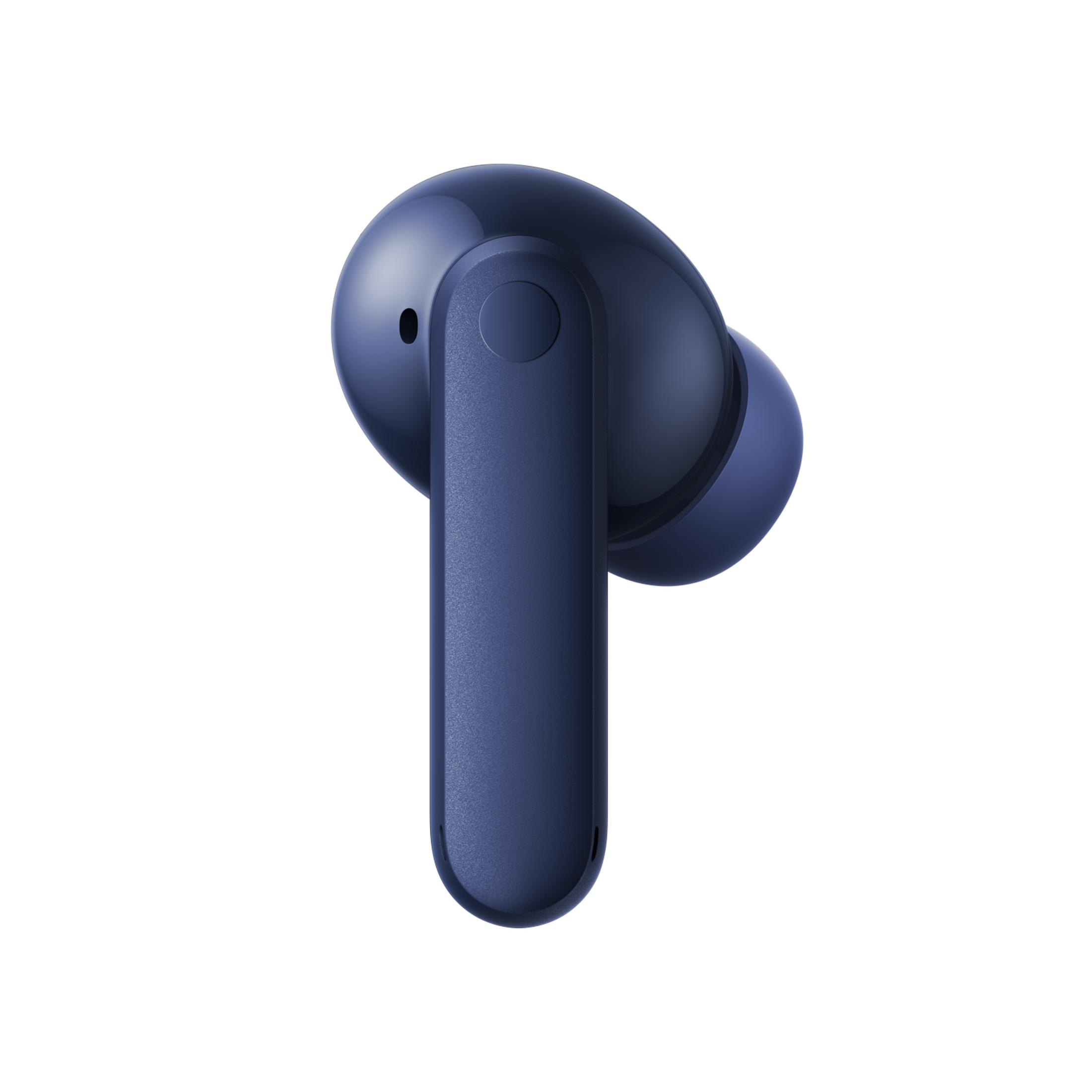 Un auricolare wireless blu scuro con stelo sottile e auricolare arrotondato.