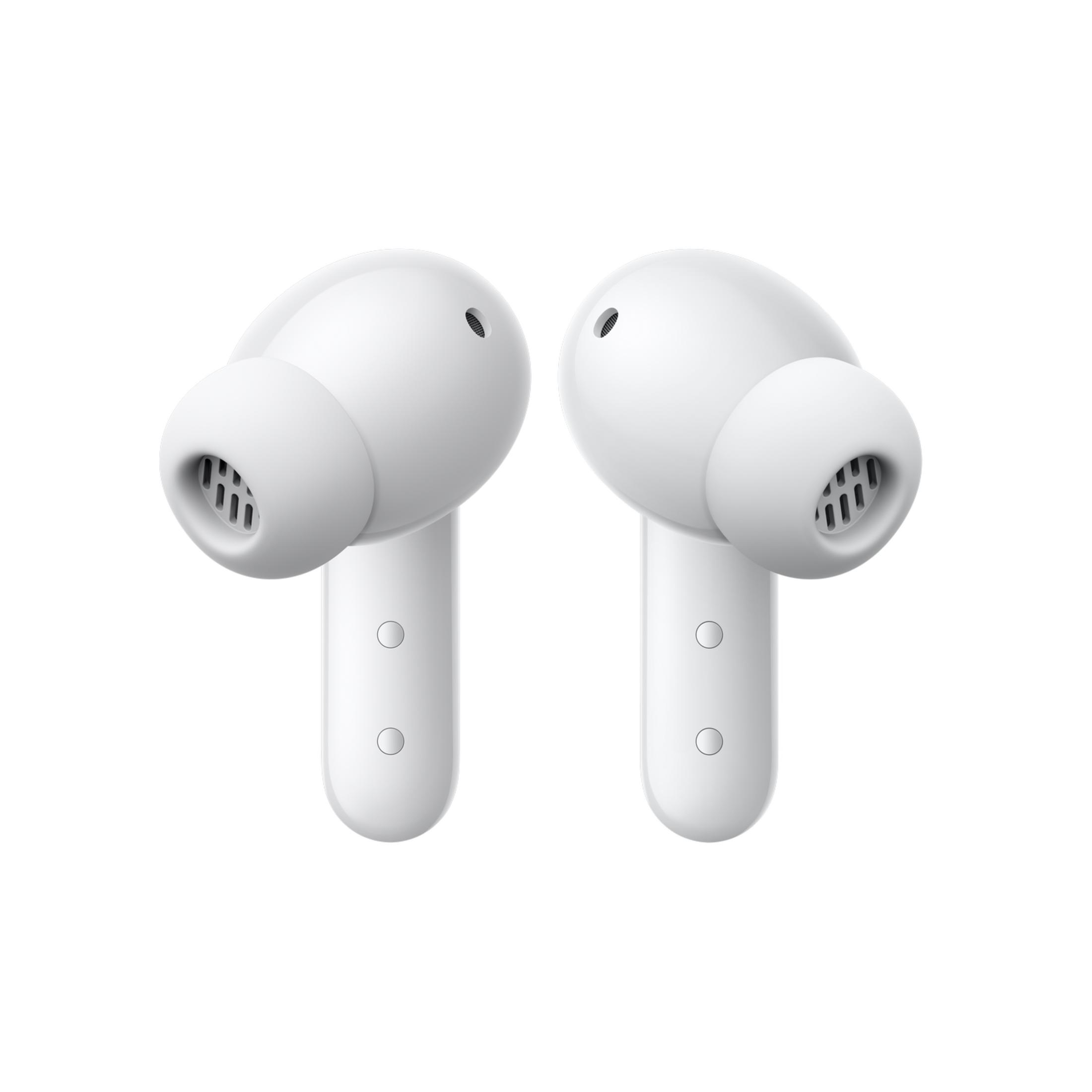 Due auricolari bianchi wireless con griglie a rete e contatti di ricarica.