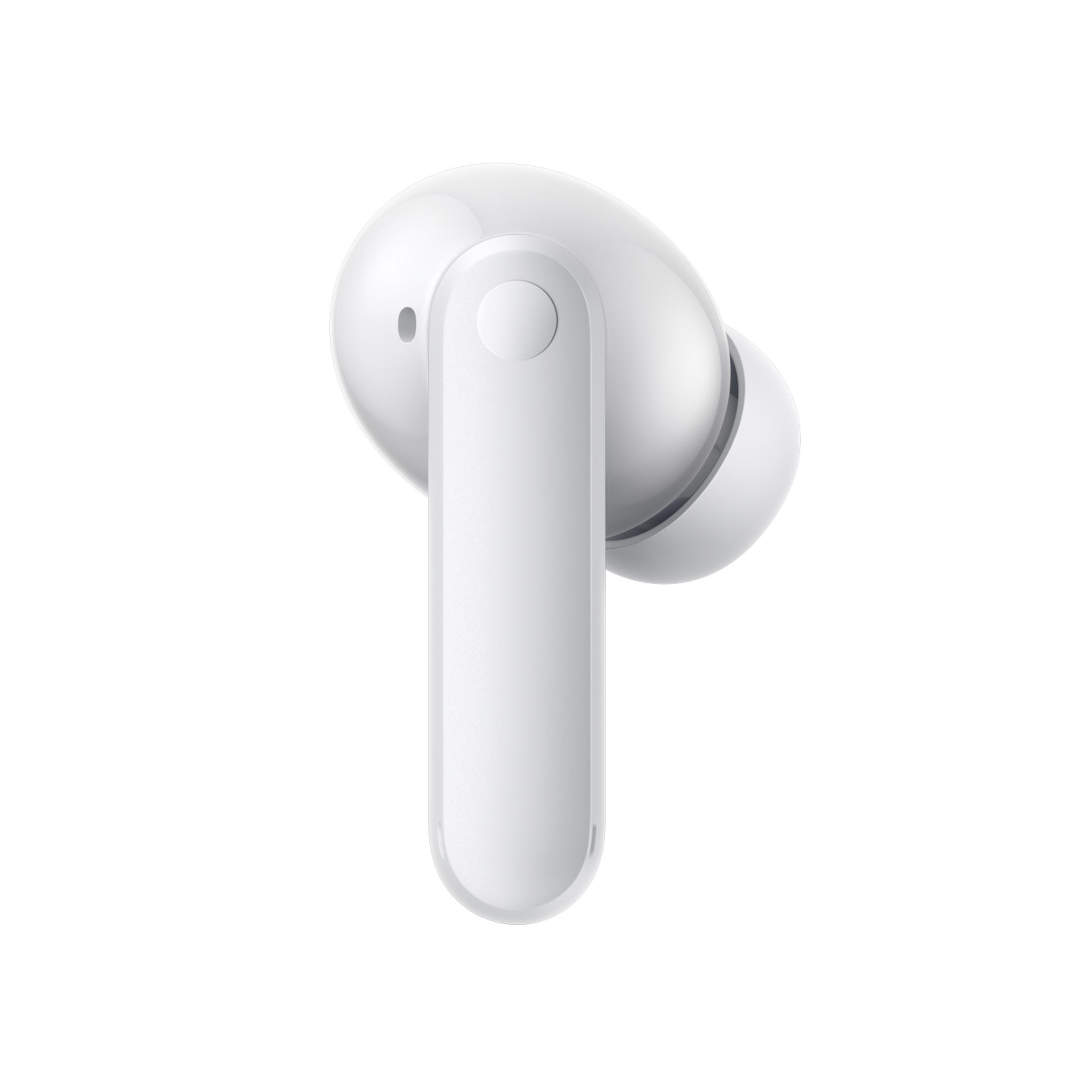 Un auricolare wireless bianco con stelo allungato, isolato su sfondo bianco.