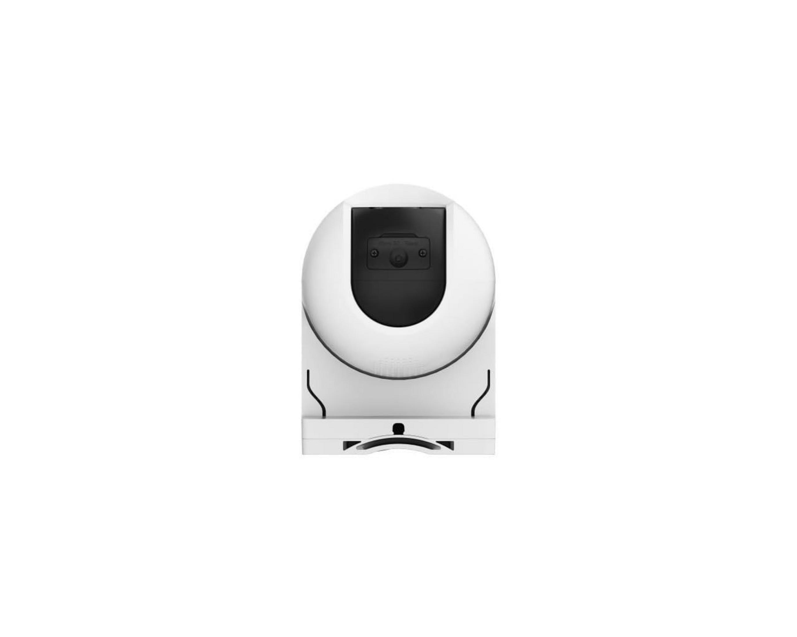Telecamera di sicurezza bianca con obiettivo nero e accenti argentati.