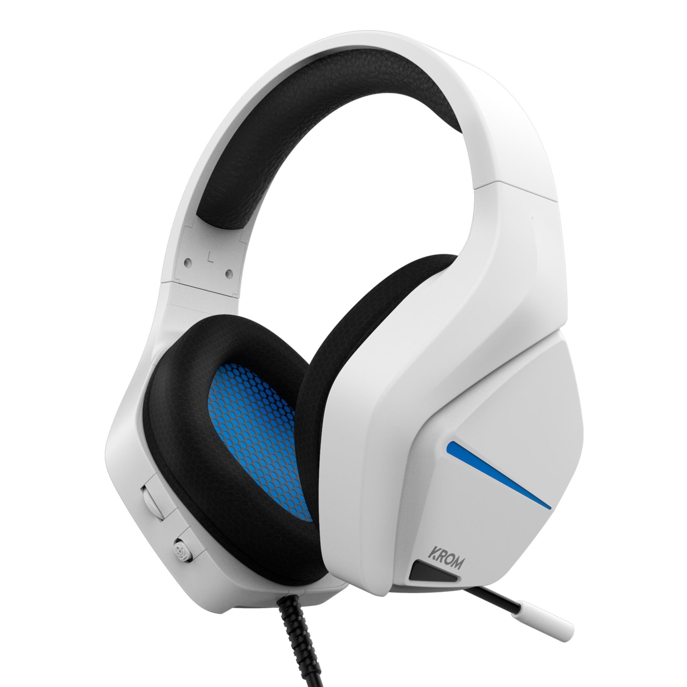 Witte koptelefoon met zwarte oorkussens en blauwe accenten op witte achtergrond.