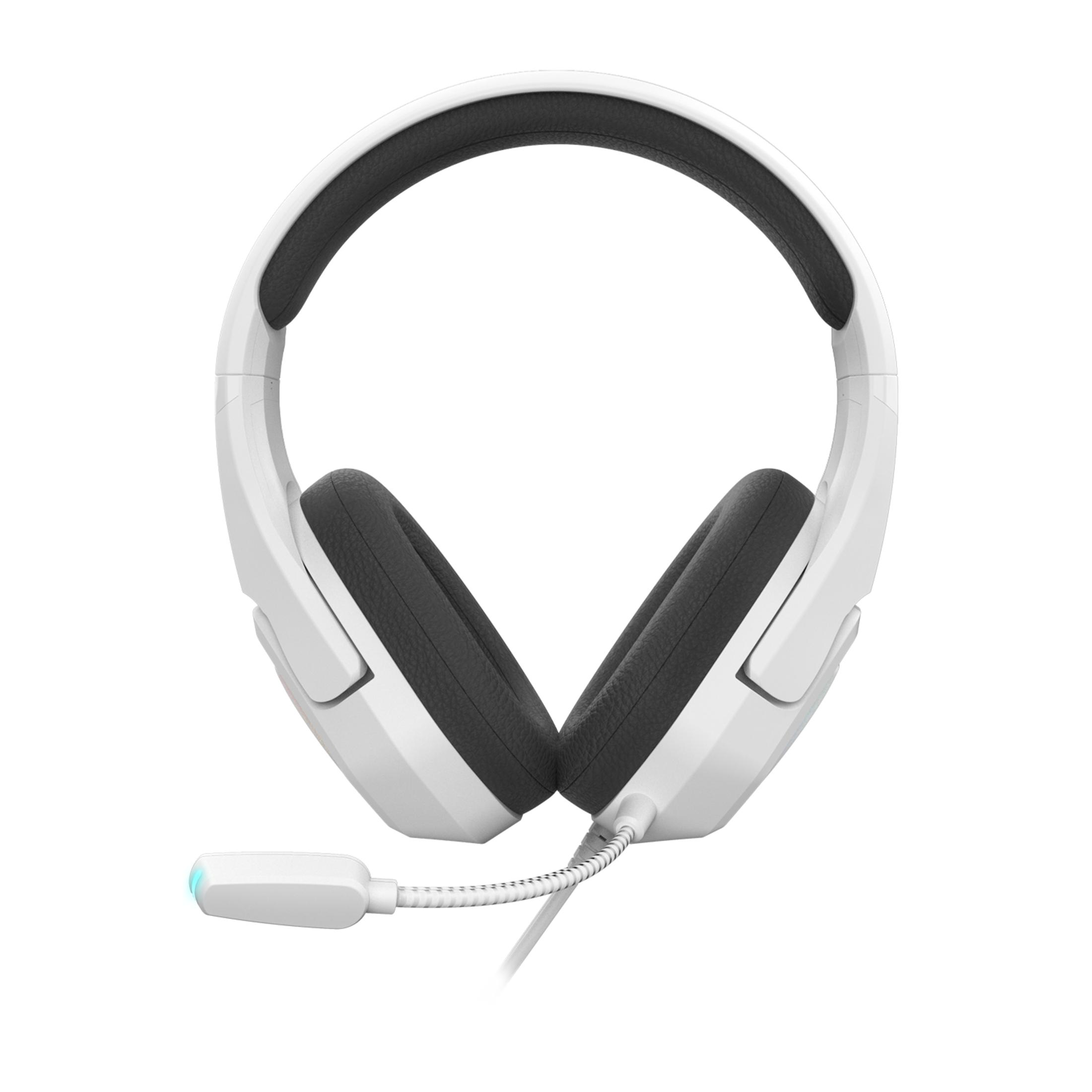 Witte koptelefoon met zwarte oorkussens en microfoon.