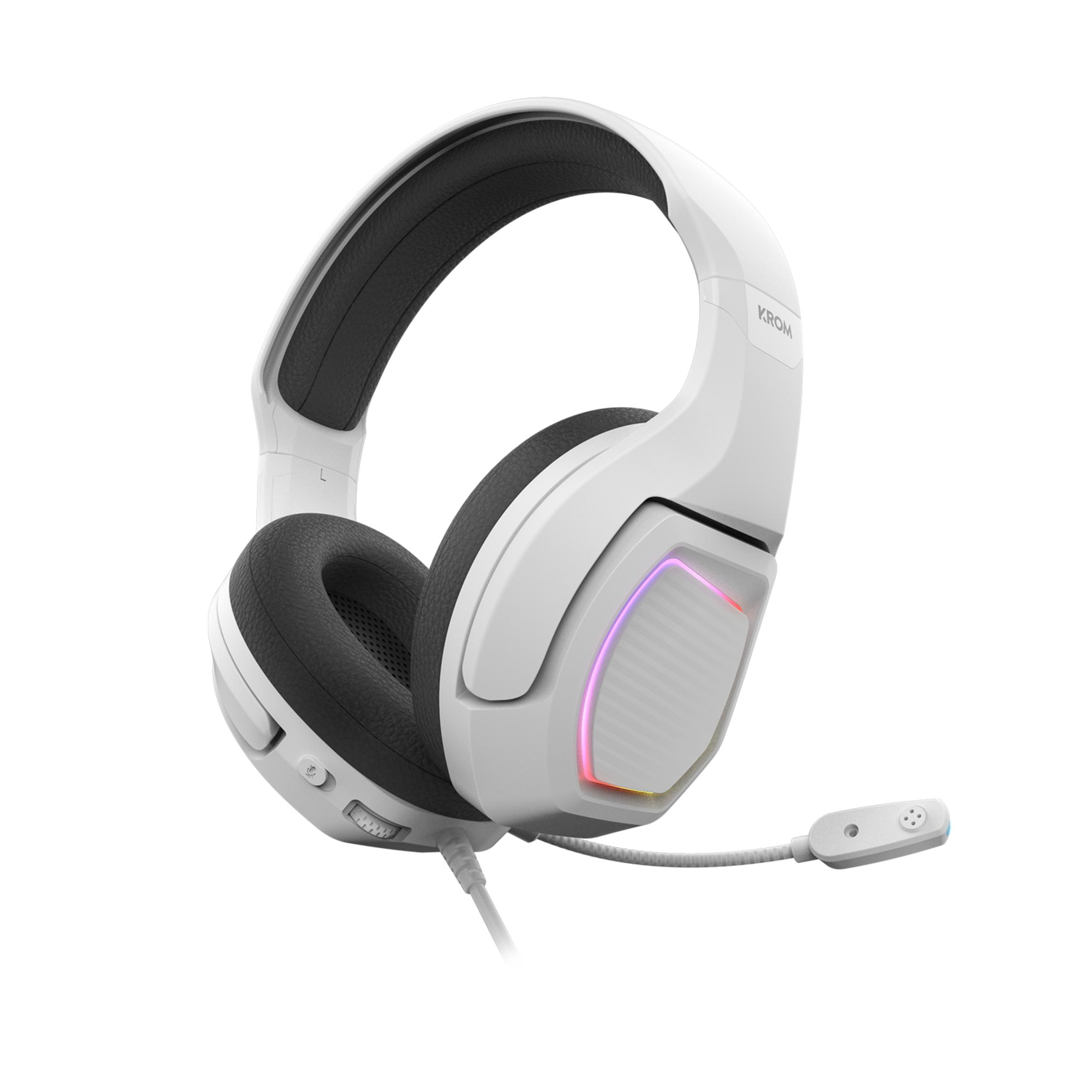 Witte headset met microfoon en RGB-verlichting, witte oorschelpen, zwarte vulling.