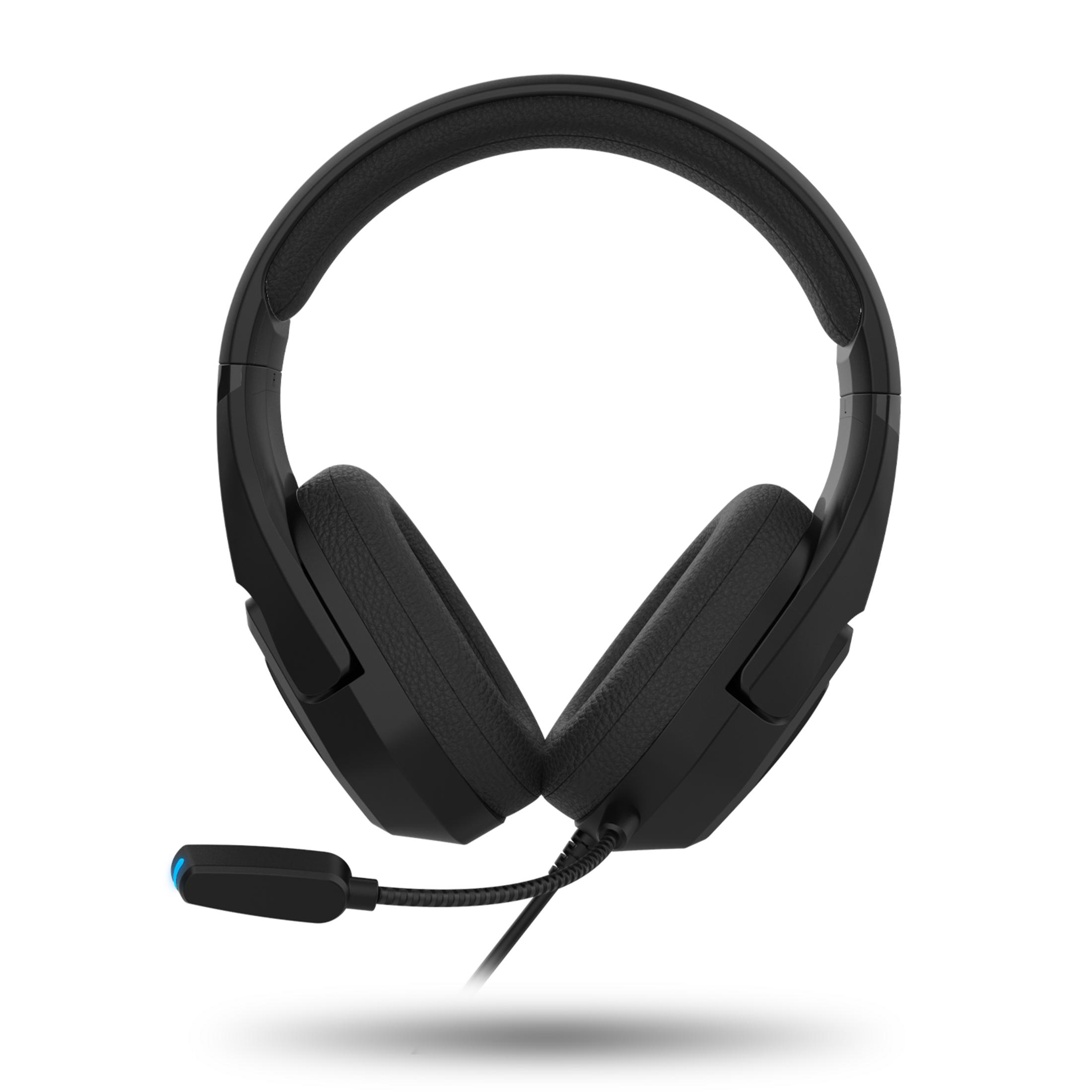Cuffie nere con microfono e indicatore LED blu, su sfondo bianco.