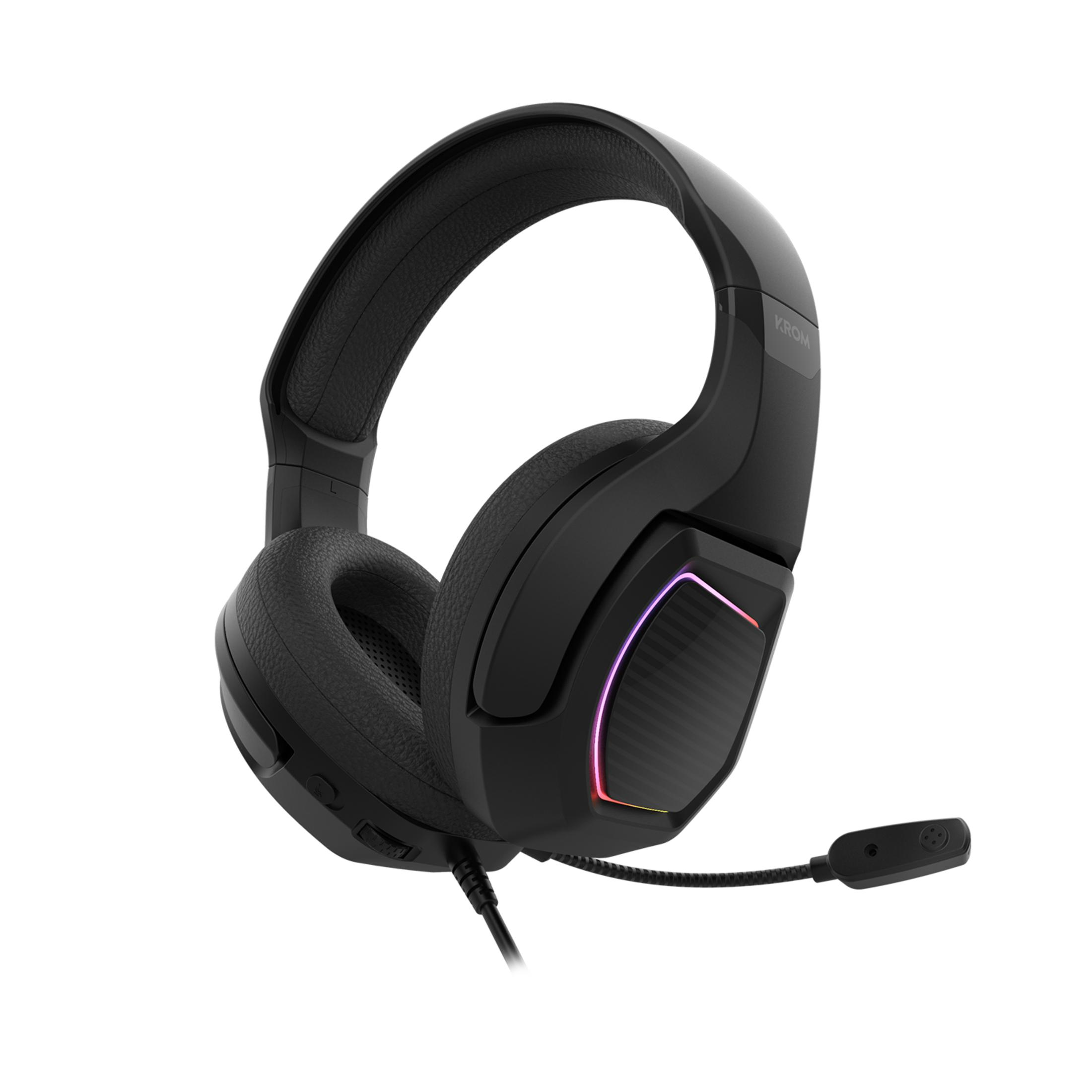 Cuffie nere con microfono e illuminazione RGB, su sfondo bianco.