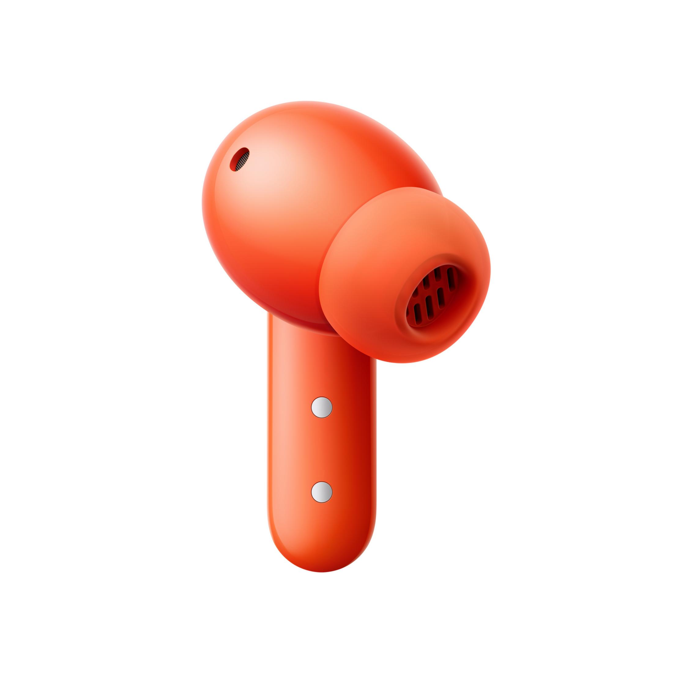 Eine einzelne orangefarbene Ohrhörer mit einem Gitter auf weißem Hintergrund.