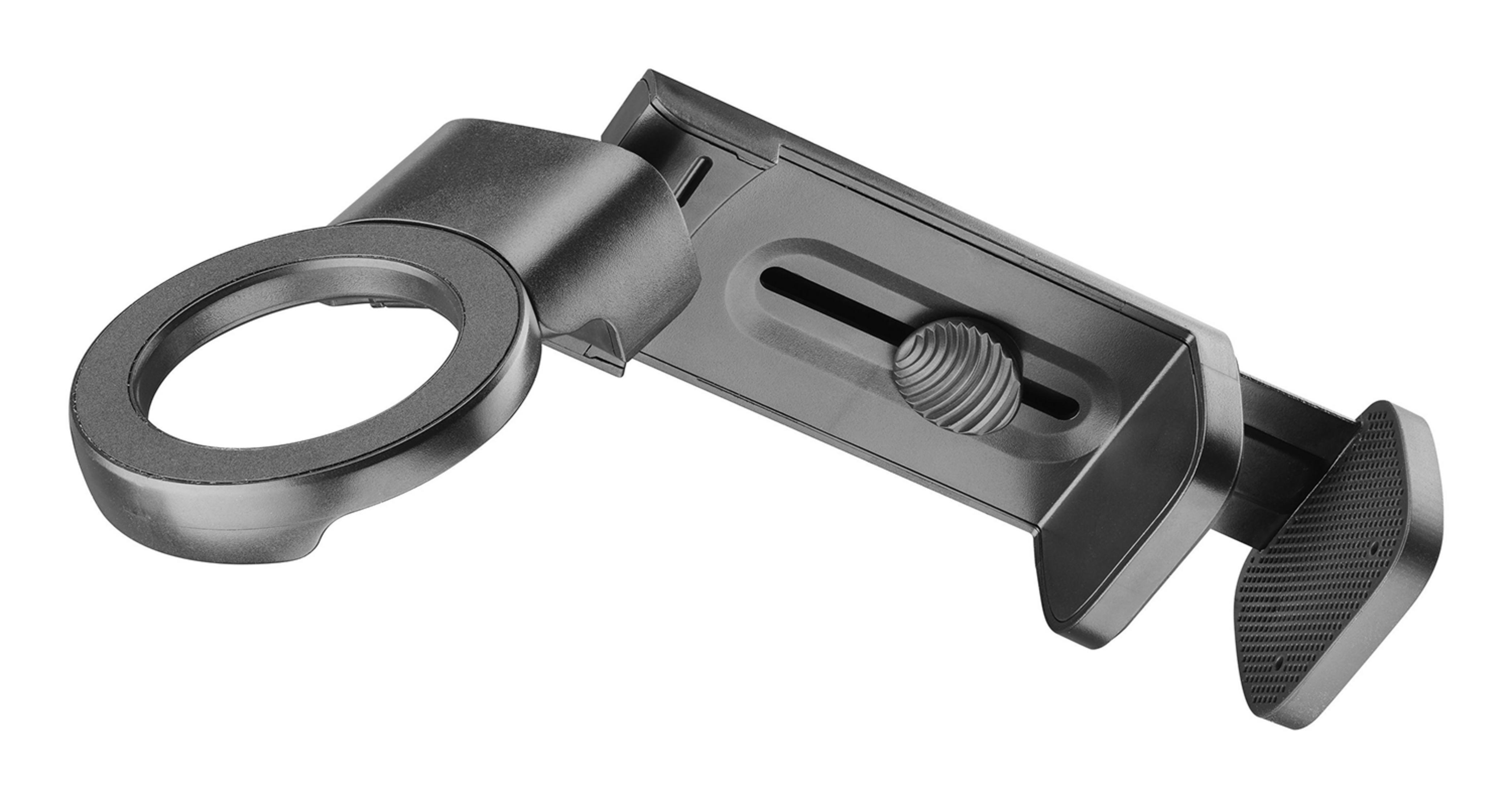 Soporte para smartphone gris oscuro con agarre circular y pinza ajustable sobre fondo blanco.