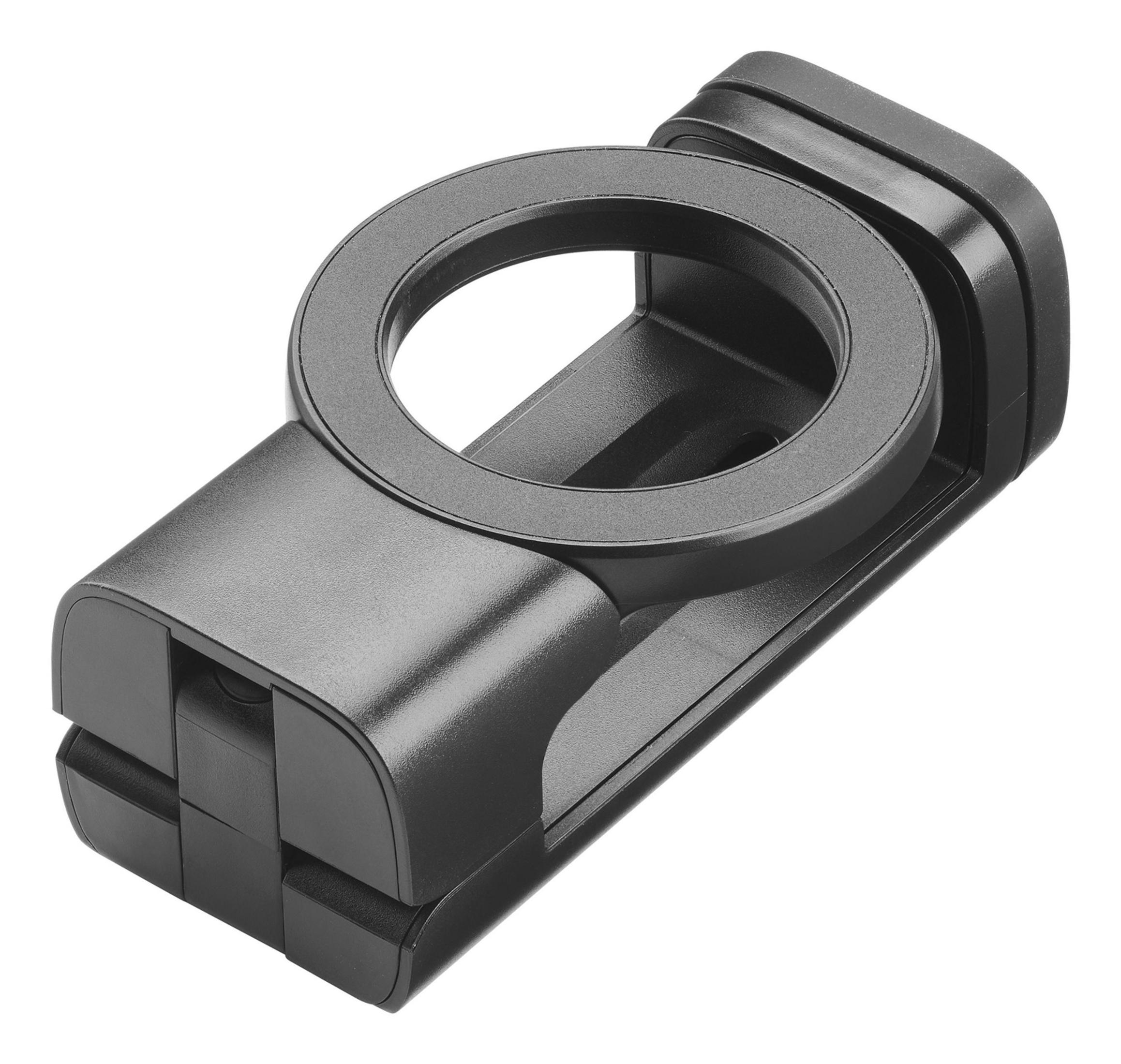Soporte de anillo negro de plástico, aislado sobre fondo blanco.