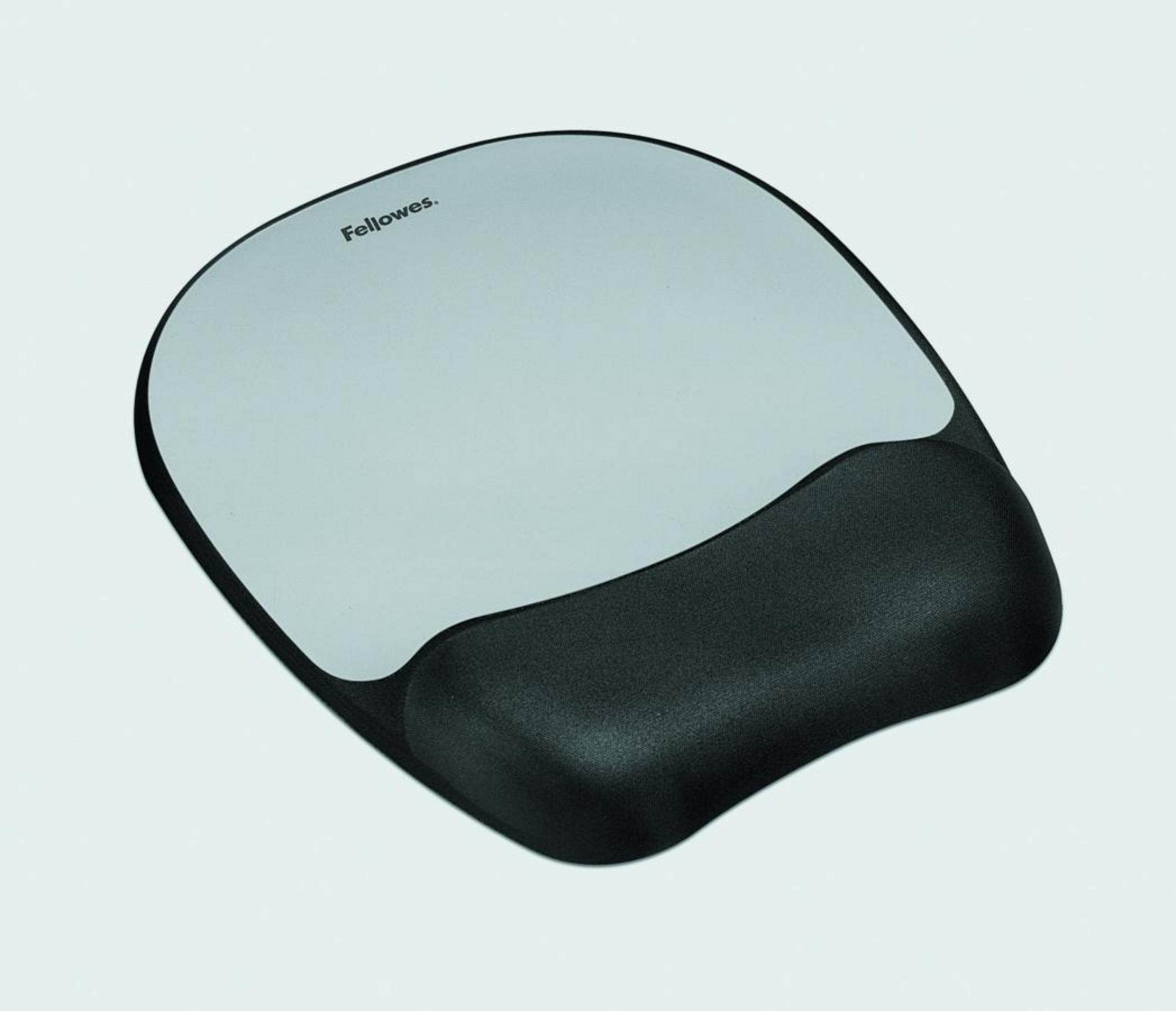 Tapis de souris ergonomique gris avec repose-poignet noir.