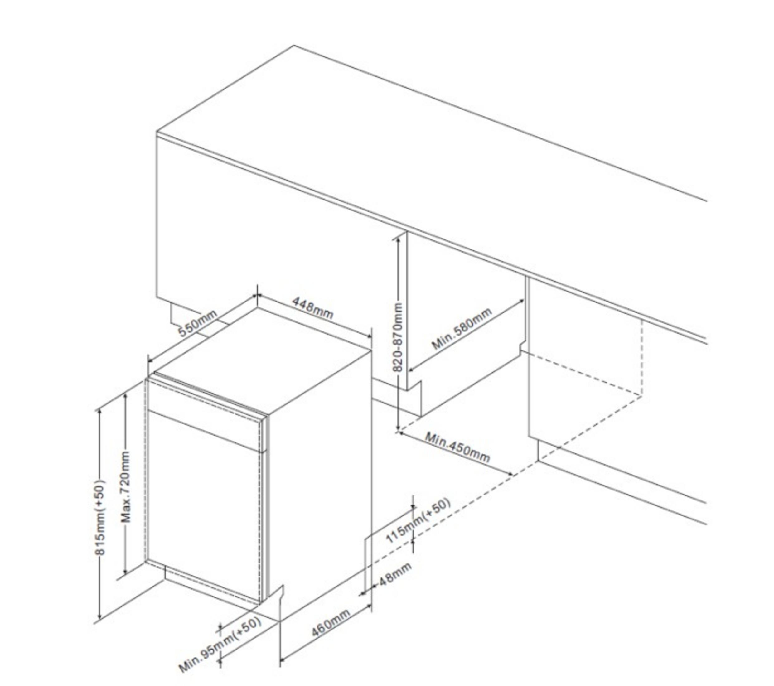 Dibujo técnico de un lavavajillas con dimensiones en mm.