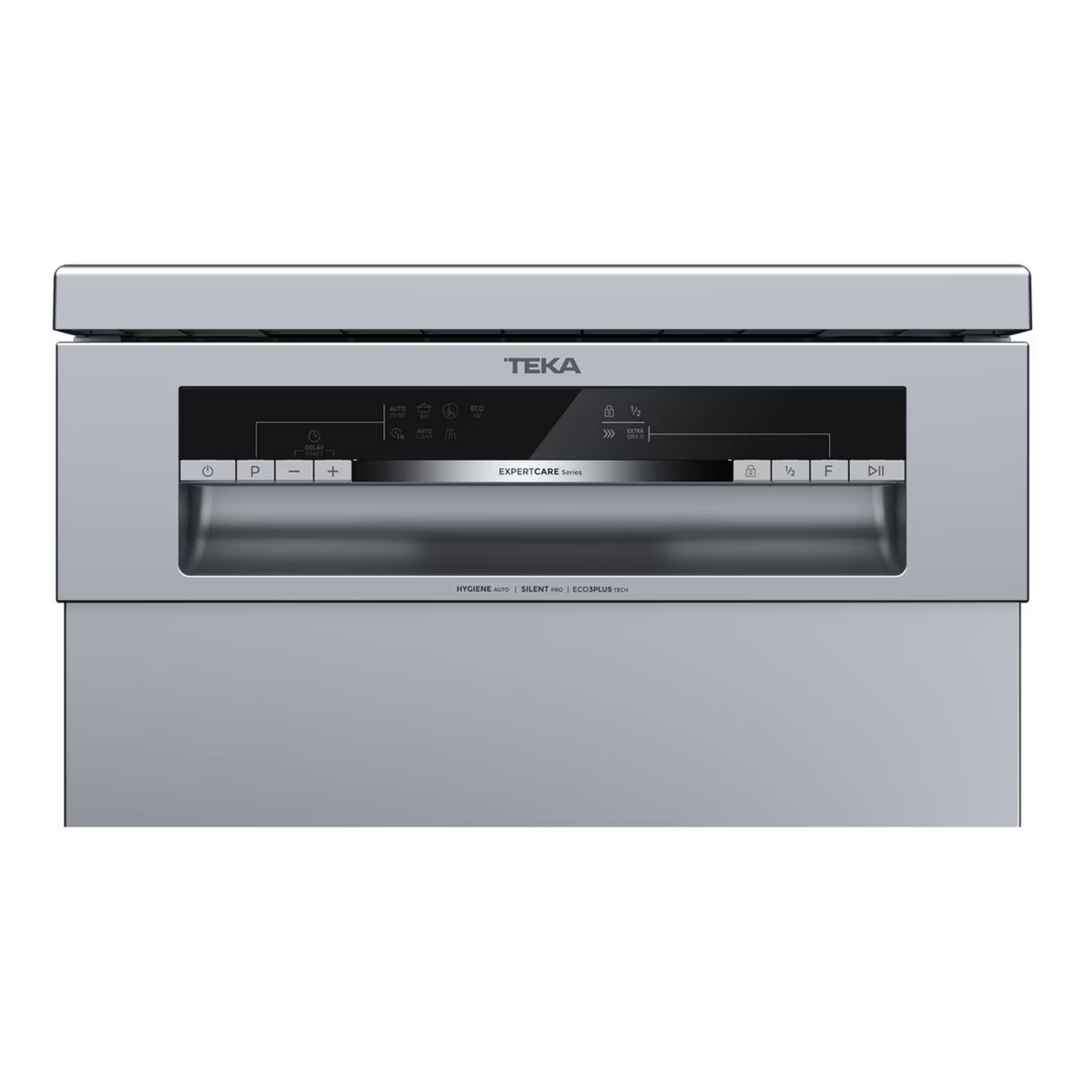 Lavastoviglie TEKA argentata con pannello di controllo digitale e selezione programmi.