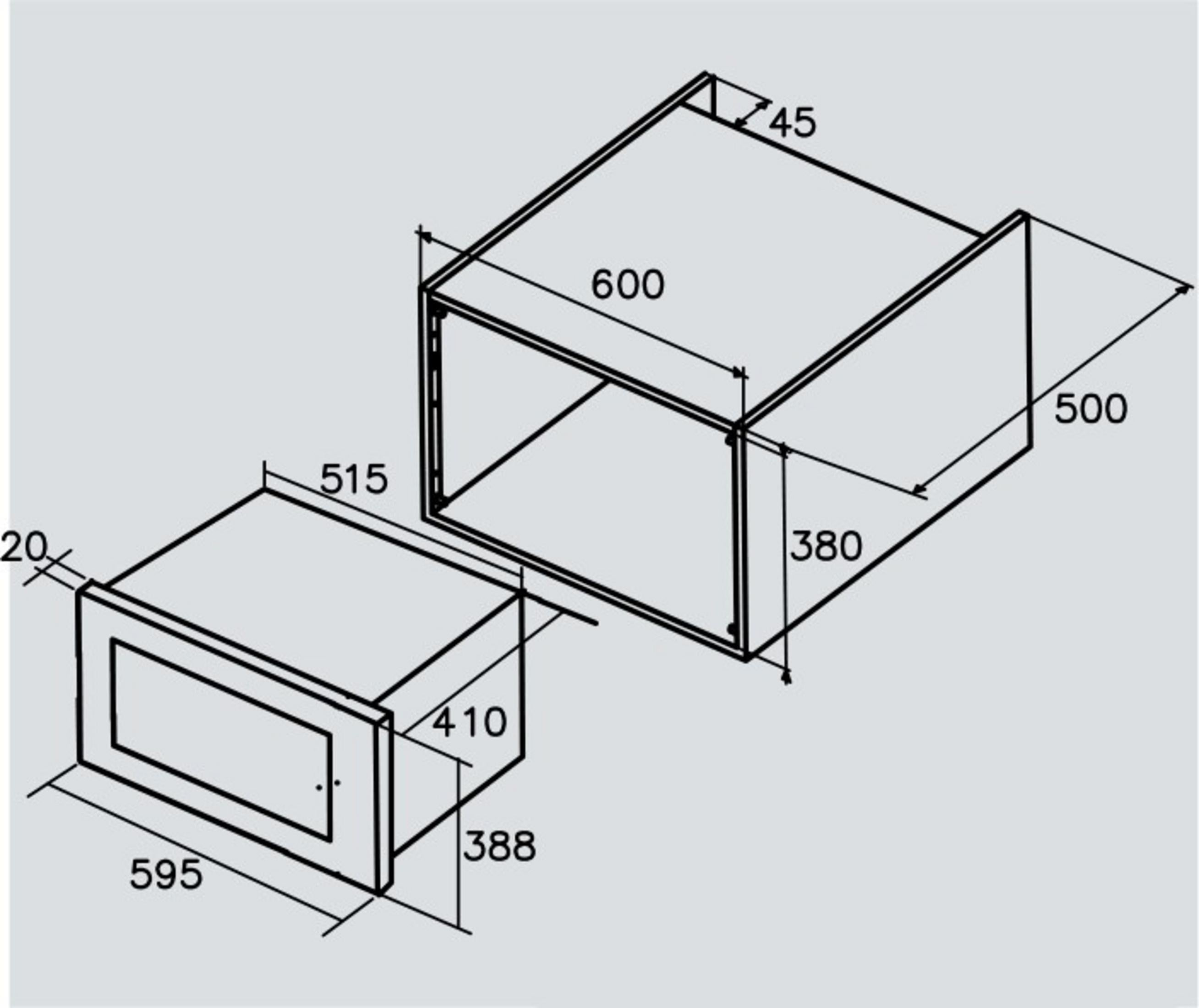 Disegno tecnico di un forno da incasso con dimensioni.