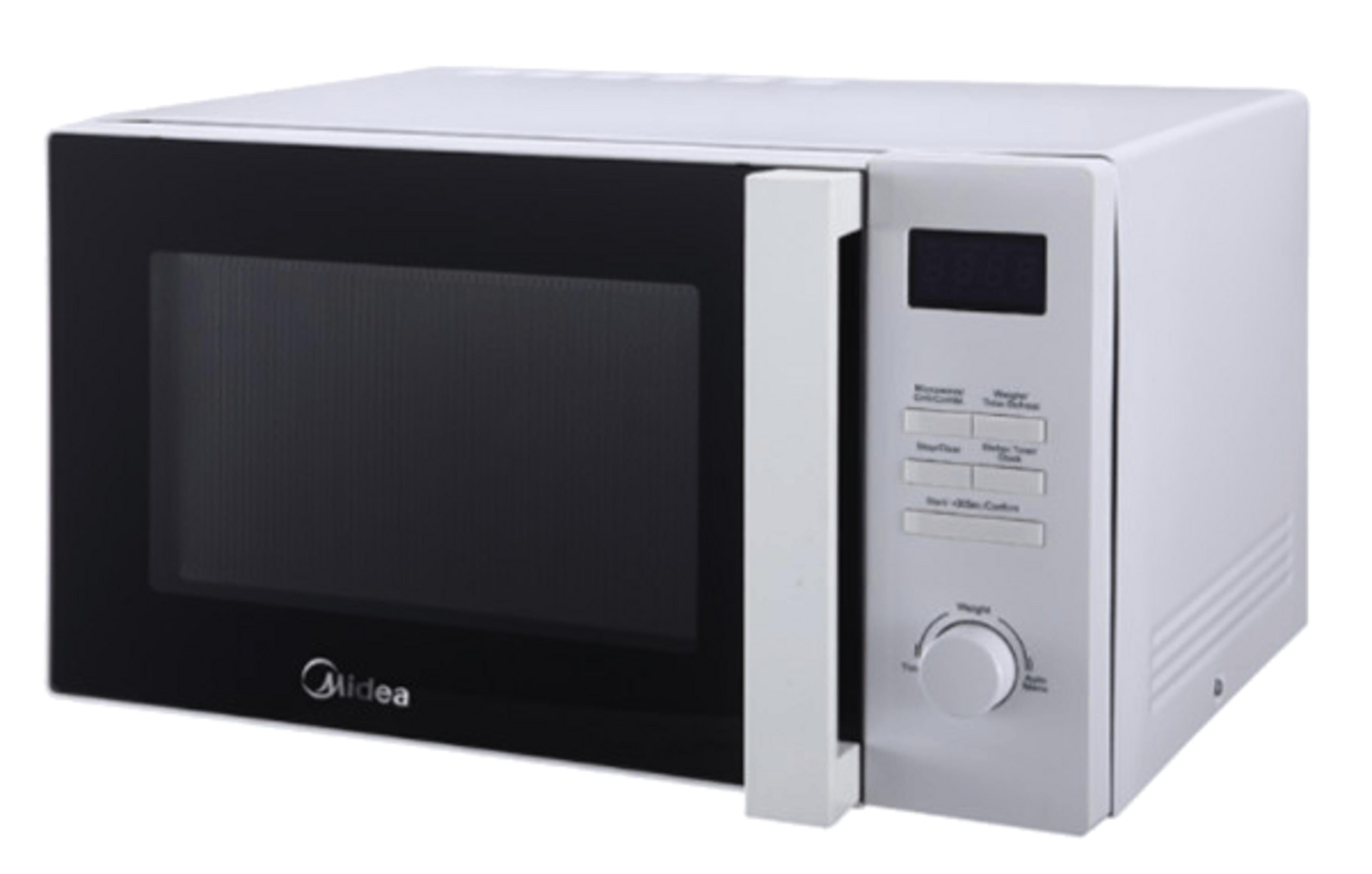 Un microondas Midea blanco con puerta negra y panel de control plateado.