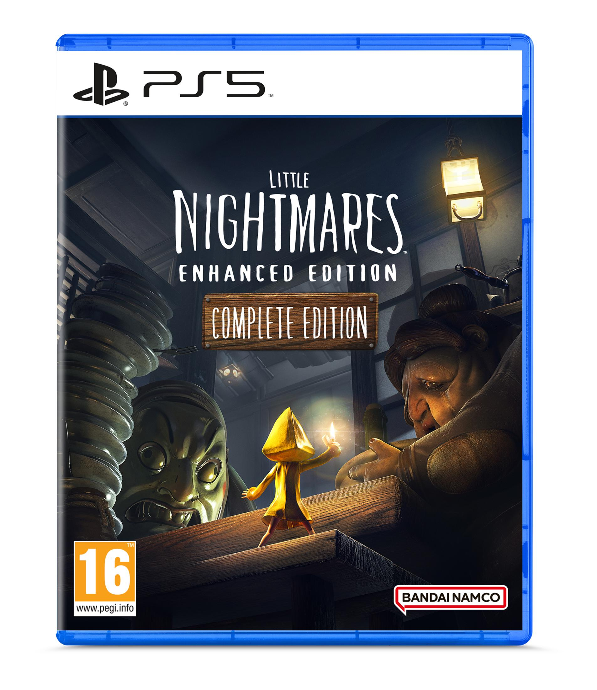 Portada del juego Little Nightmares PS5 con una niña y figuras aterradoras.