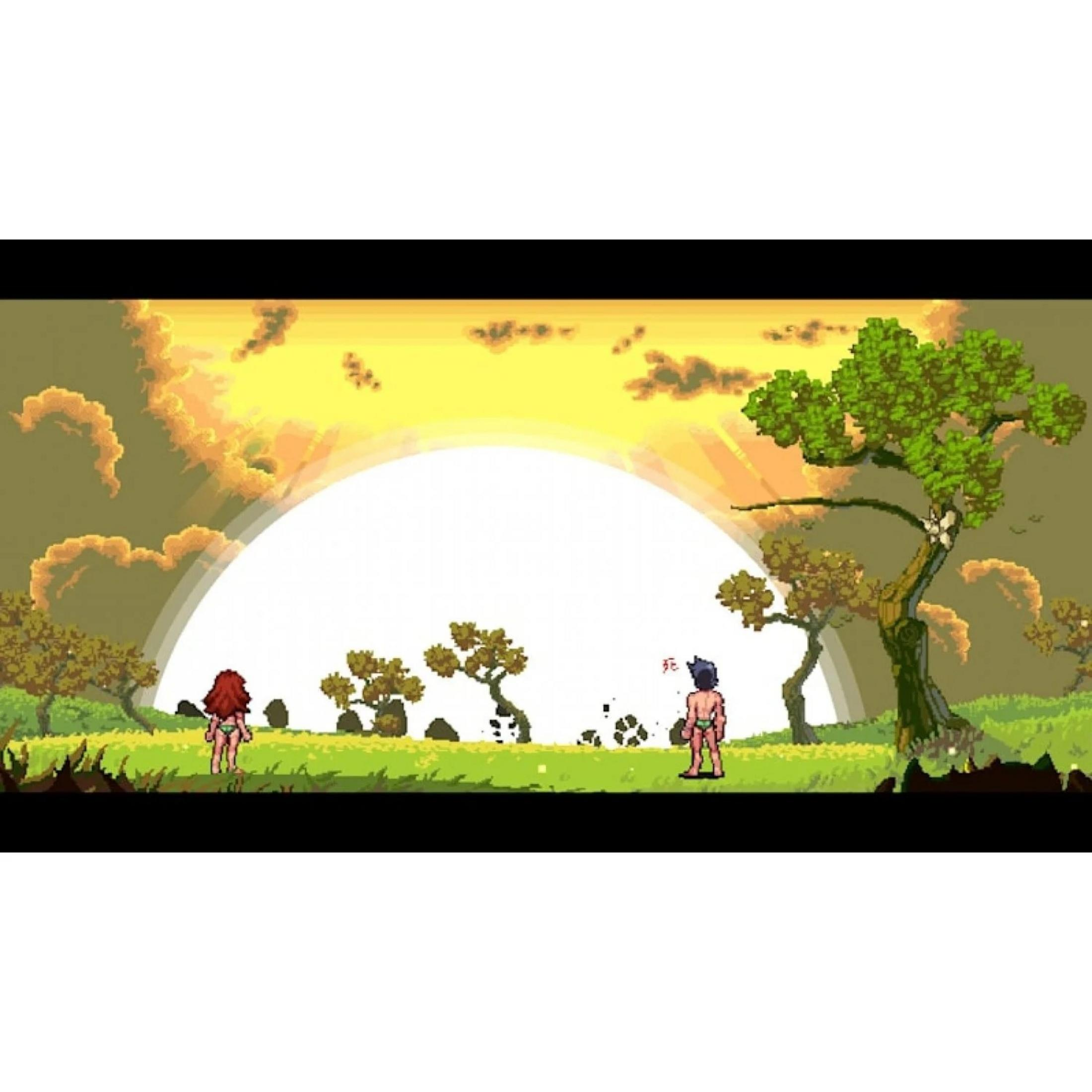 Scena pixel art con due figure sotto un grande cielo luminoso.