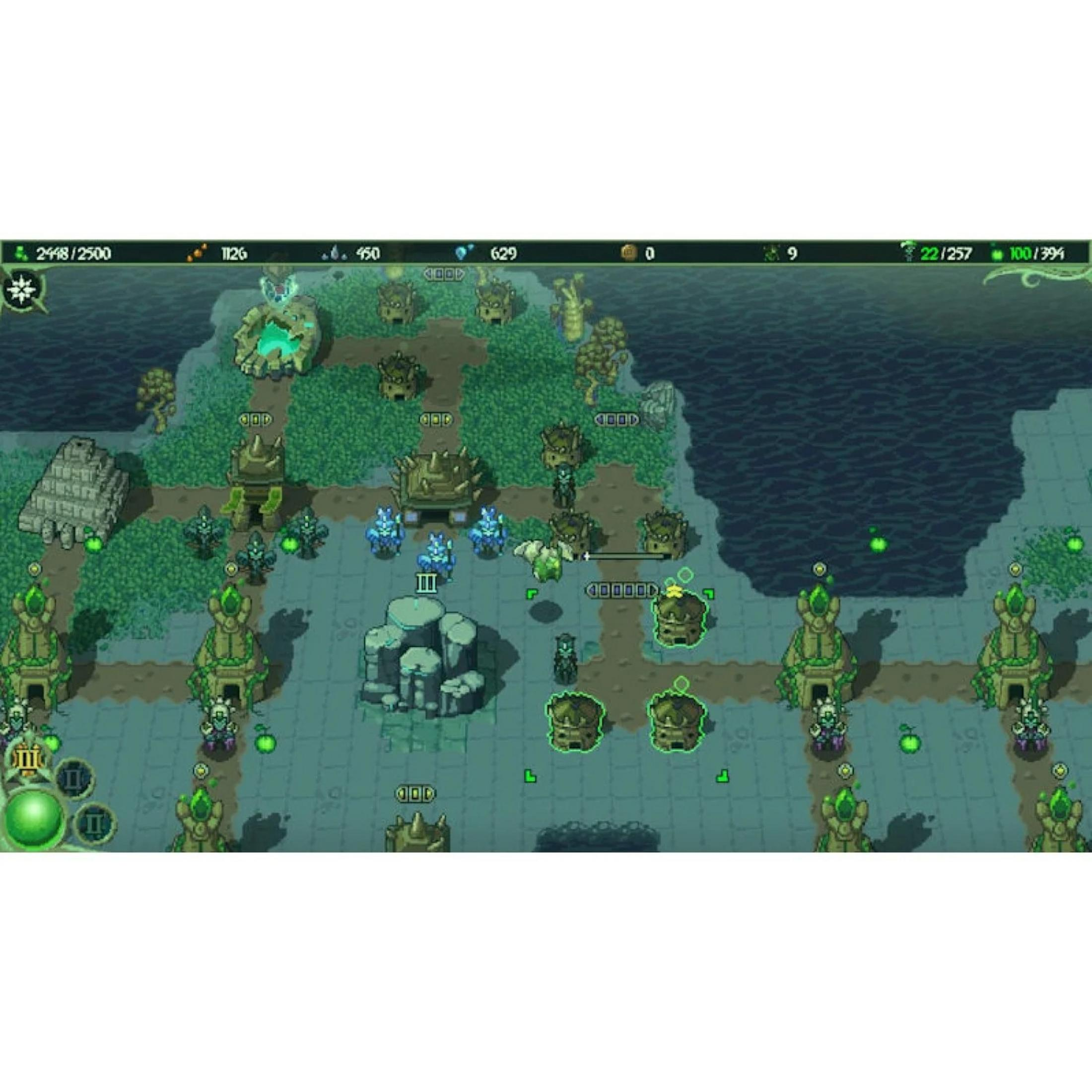 Gioco di strategia pixel con torri verdi, unità blu e acqua.