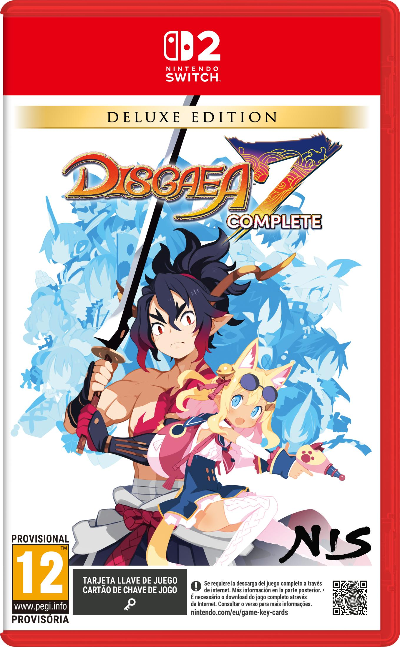 Portada de Disgaea 7 Complete Deluxe Edition con dos personajes de anime y logo de Nintendo Switch.