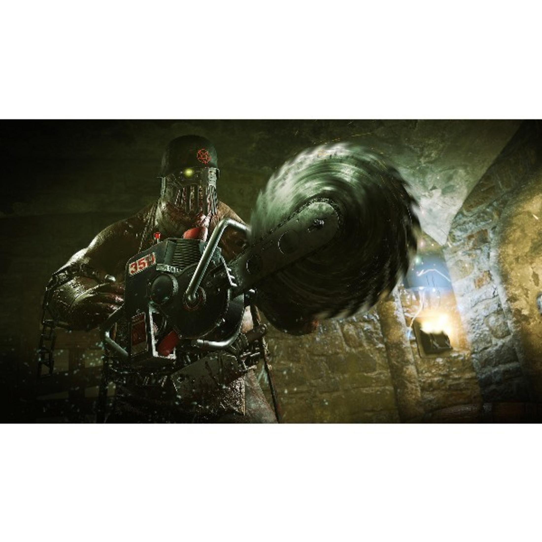 A man with a saw weapon in a stone environment.