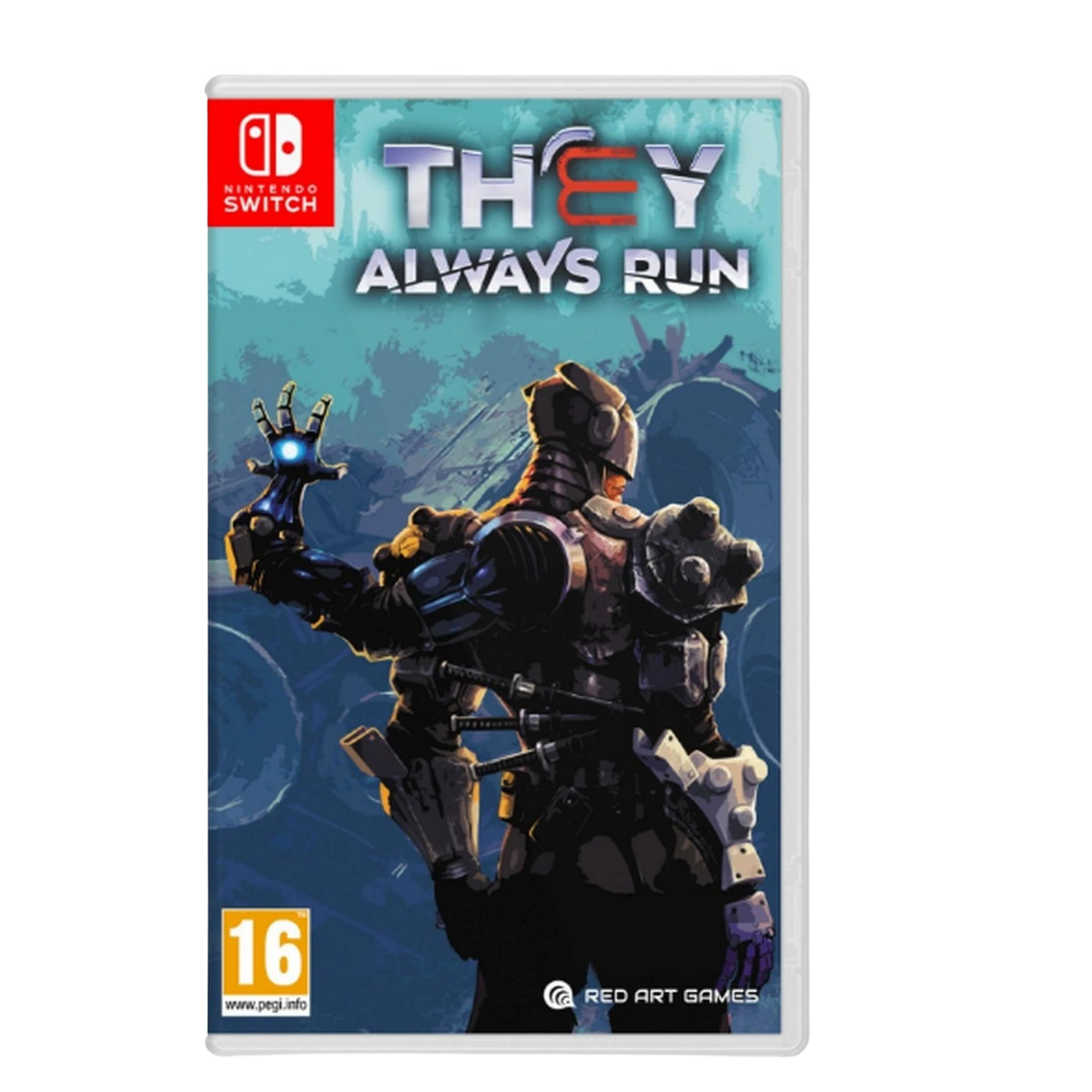 Copertina gioco Nintendo Switch: "THEY ALWAYS RUN" con personaggio cyborg.