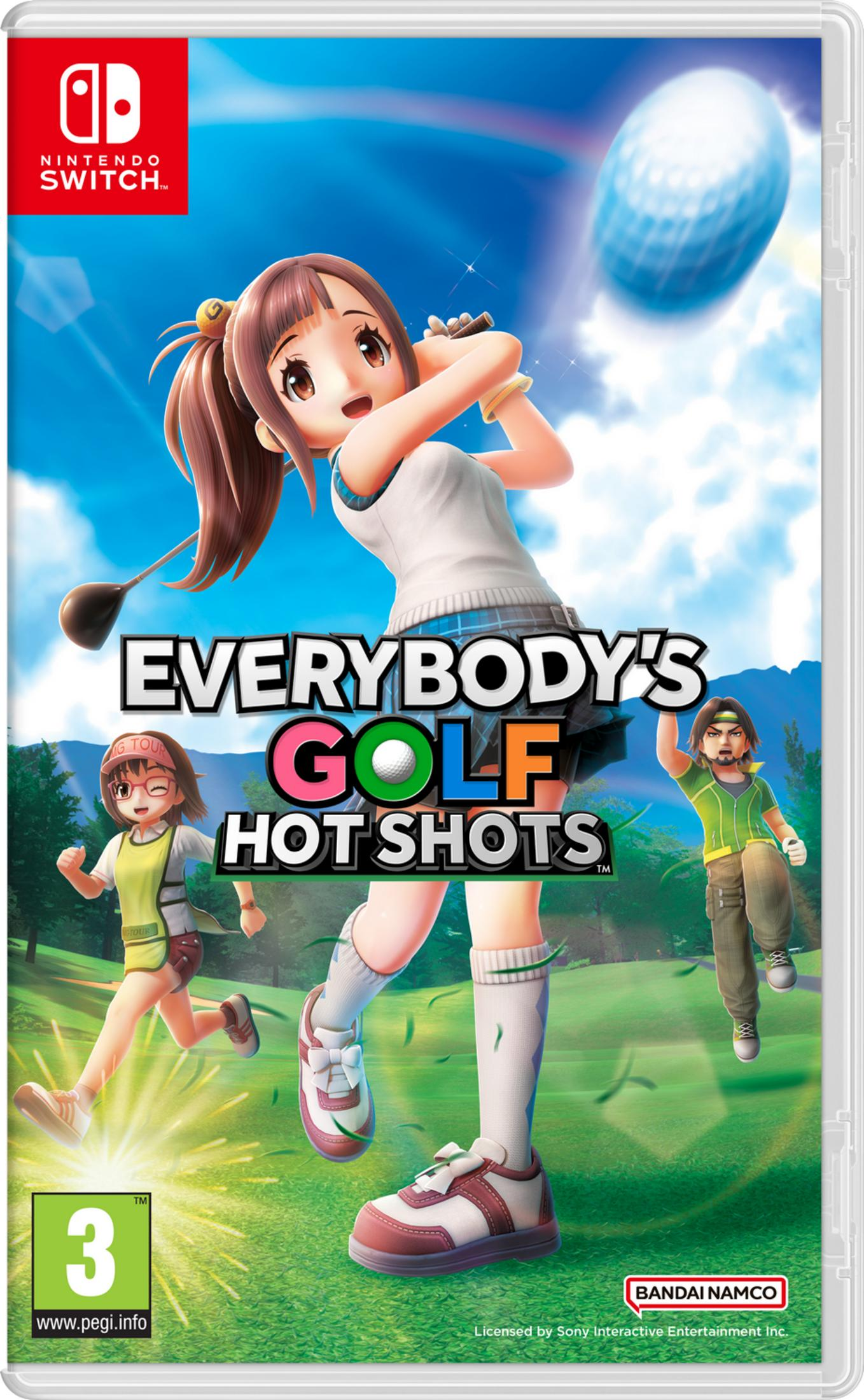 Portada de juego de Nintendo Switch: Tres golfistas de dibujos animados juegan en un campo soleado. Pelota de golf vuela.