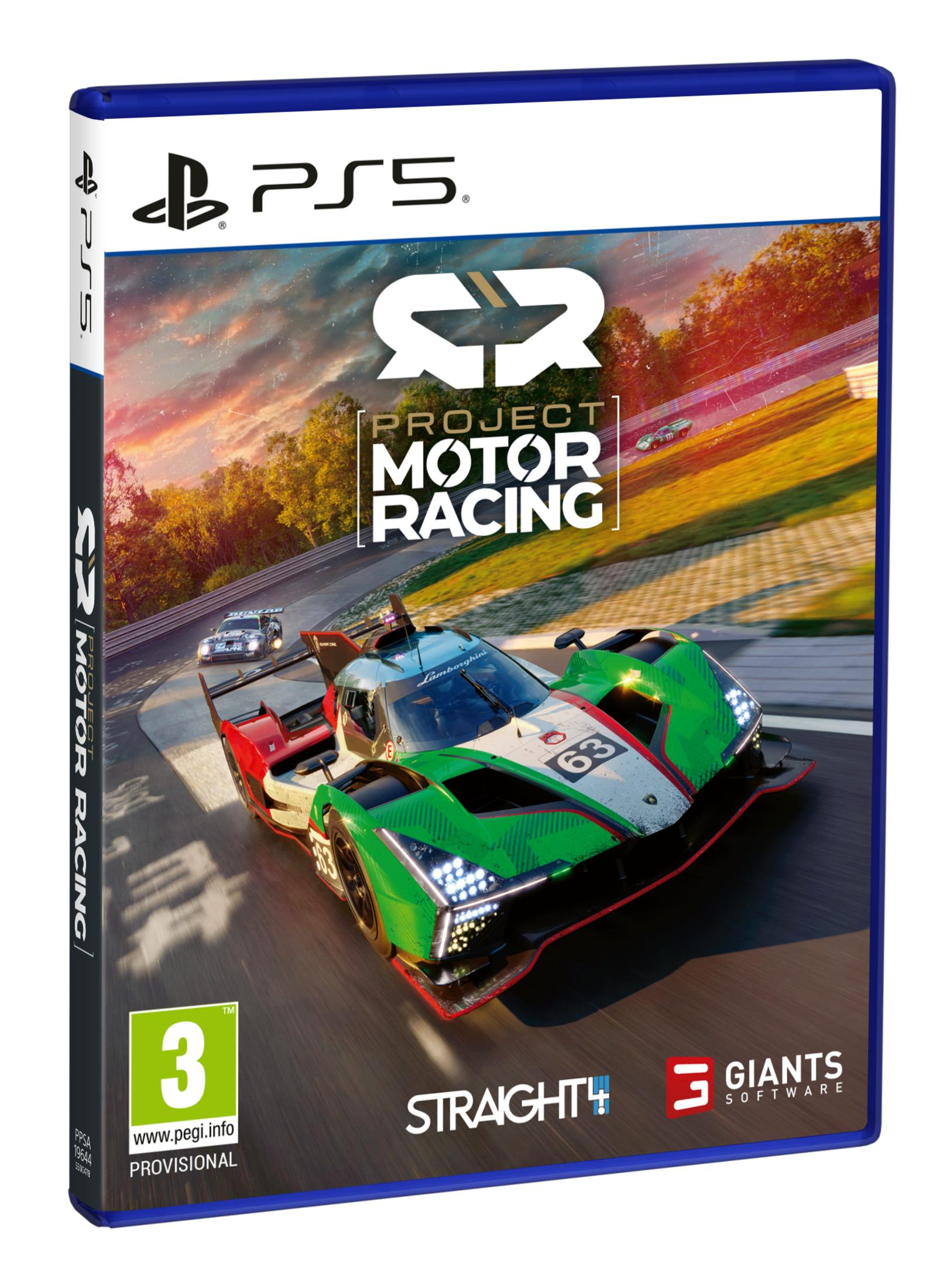 Pudełko gry PS5: Samochód wyścigowy na torze o zachodzie słońca. Projekt: Motor Racing.