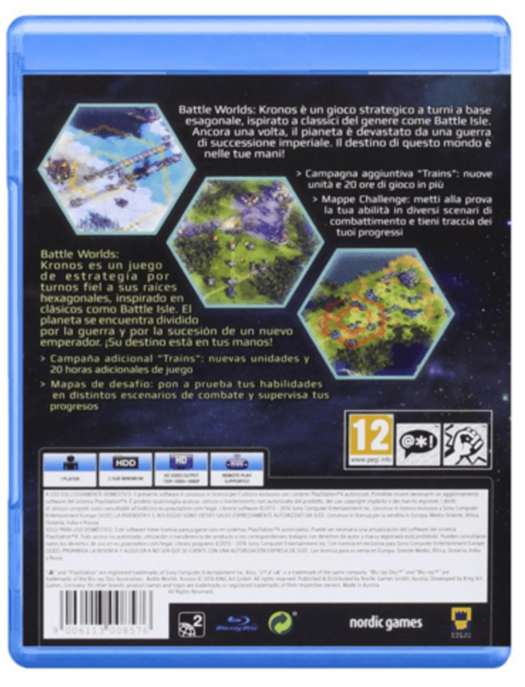 Portada del juego Battle Worlds: Kronos con información y PEGI 12.