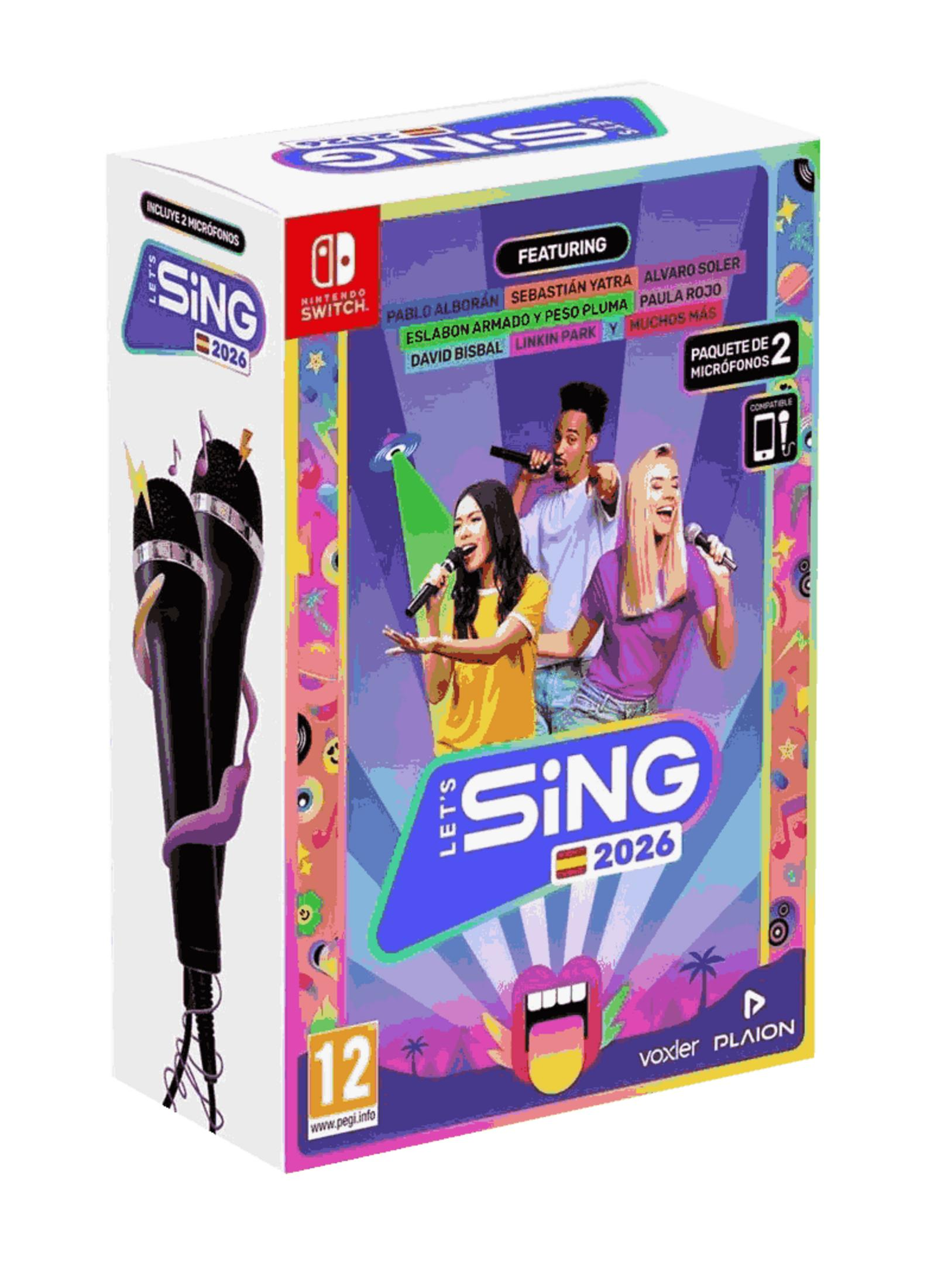 Confezione gioco Nintendo Switch 'Let's Sing 2026' con microfoni.