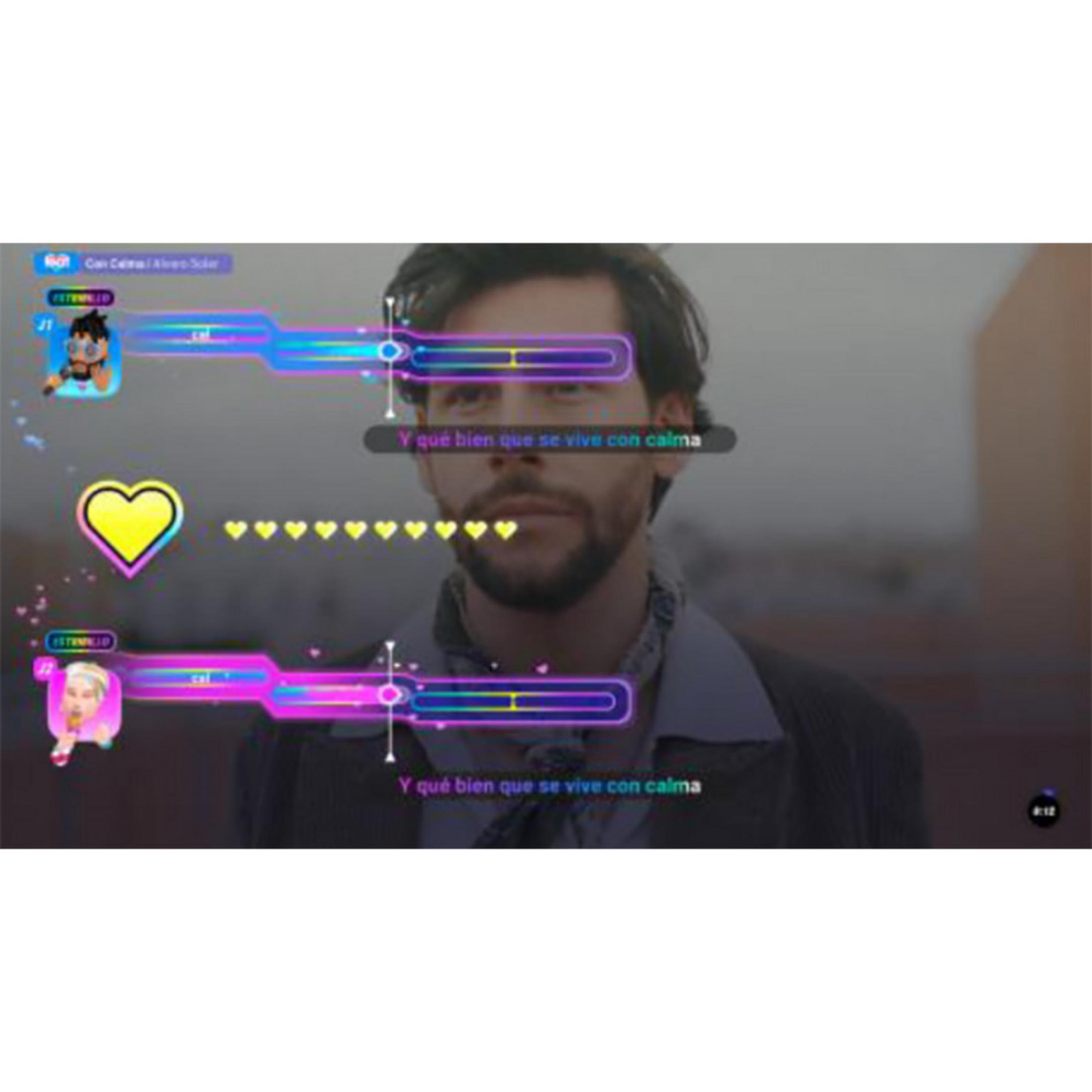 Uomo con display per il canto e avatar. Testo: Y qué bien que se vive con calma.