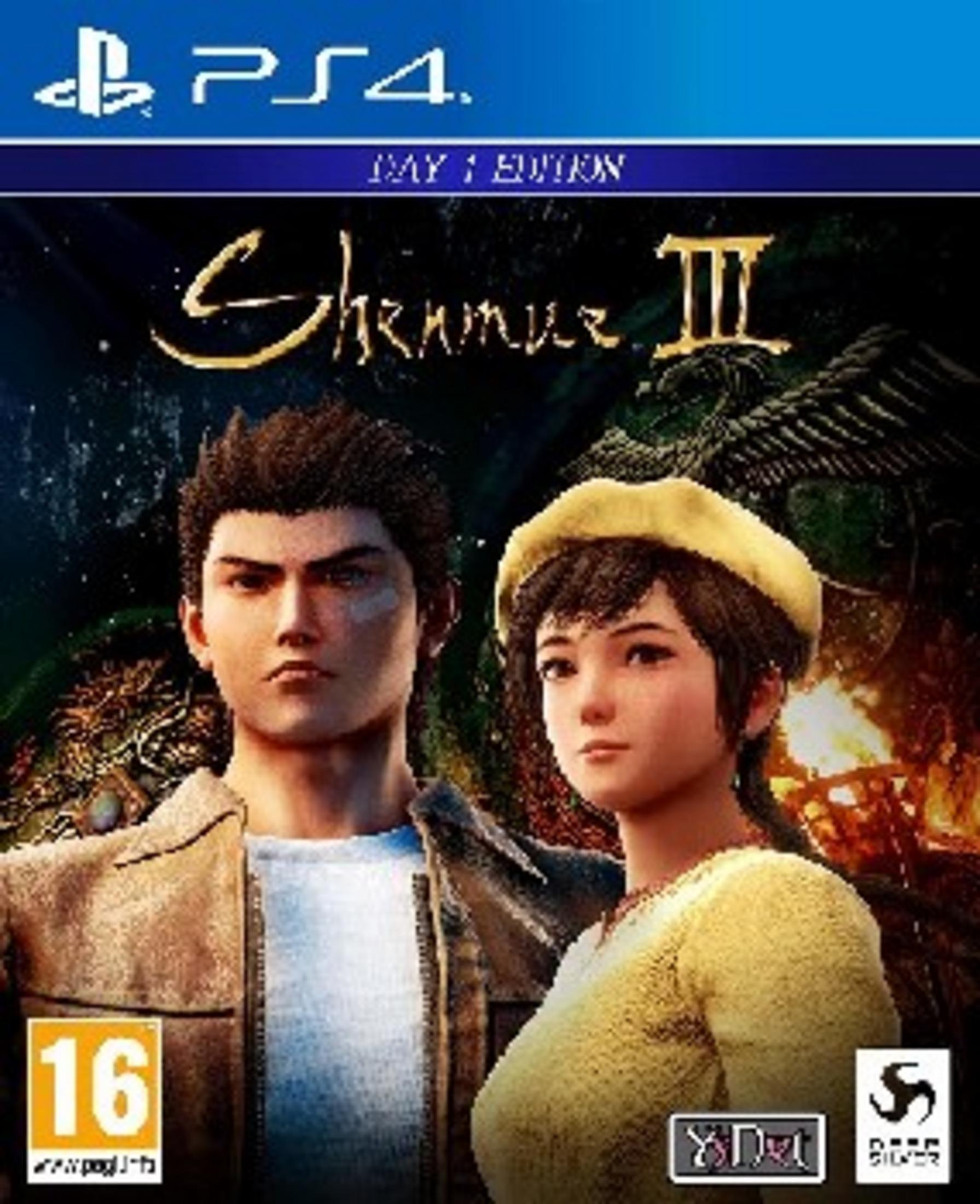 Copertina PS4: Uomo e donna, logo "Shenmue III", 16 anni