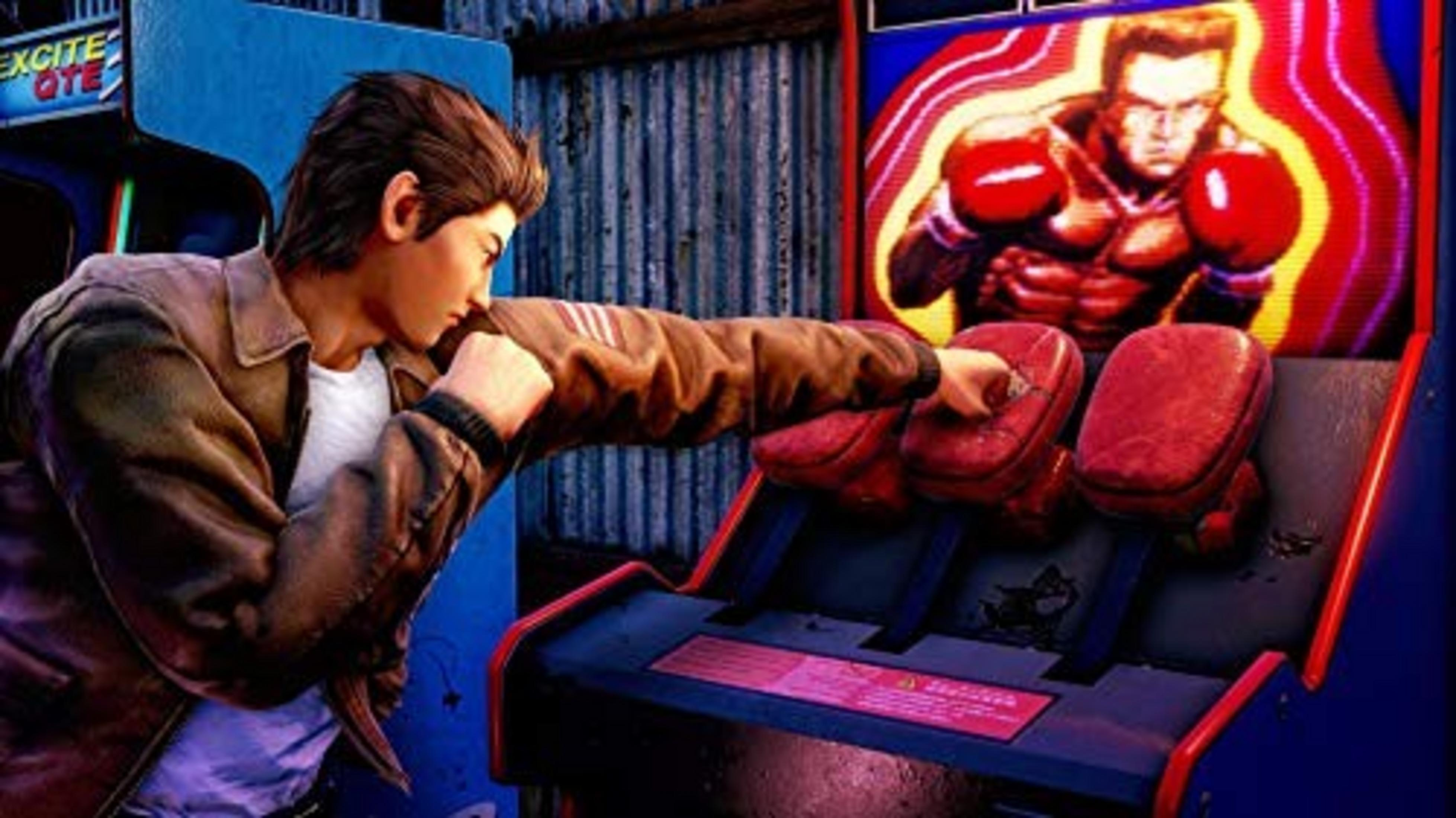 Uomo gioca a un gioco arcade di boxe, colpendo i pad davanti a uno schermo di combattente.