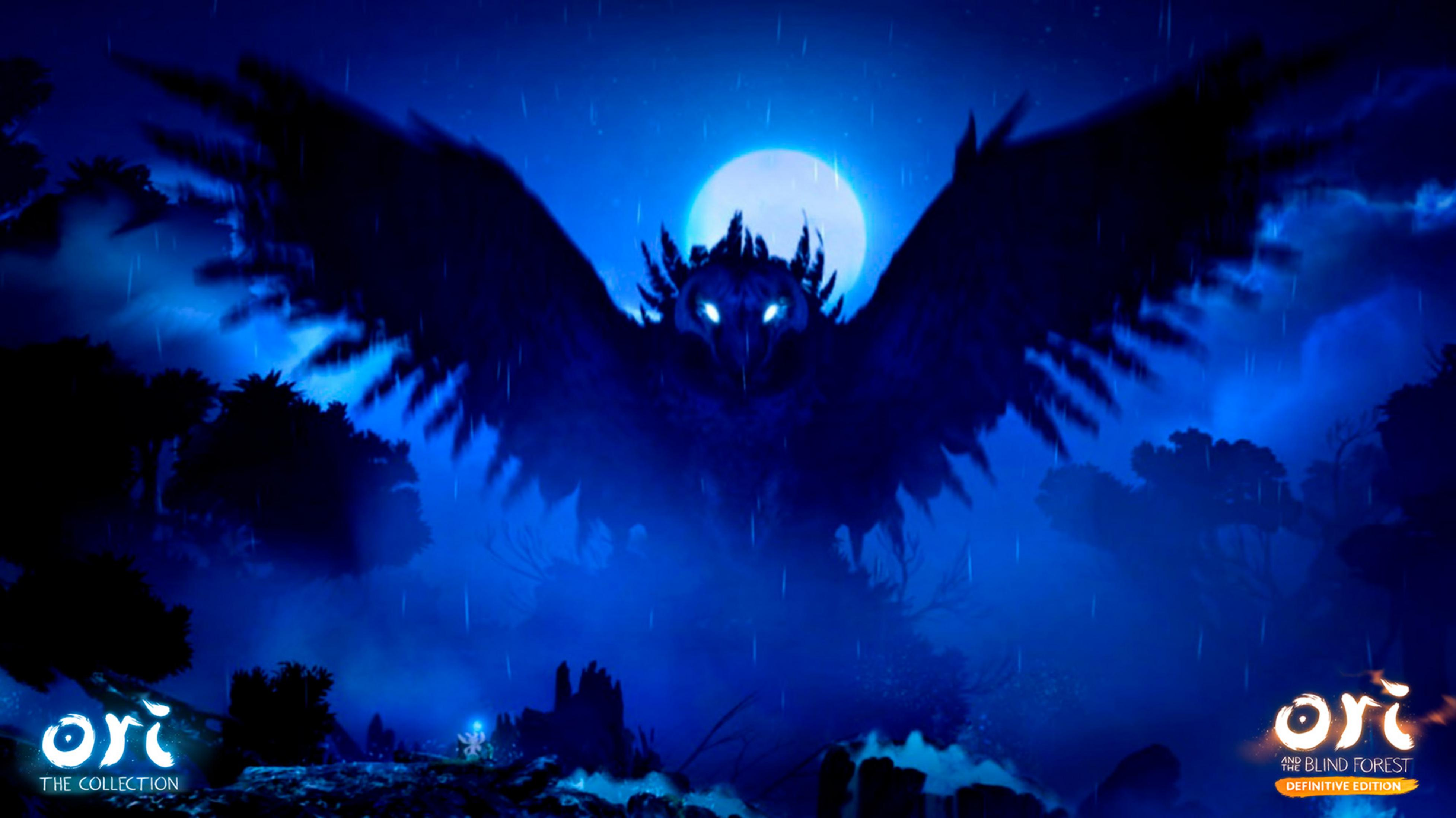 Una oscura escena nocturna azul con un gran búho de ojos brillantes y alas extendidas.
