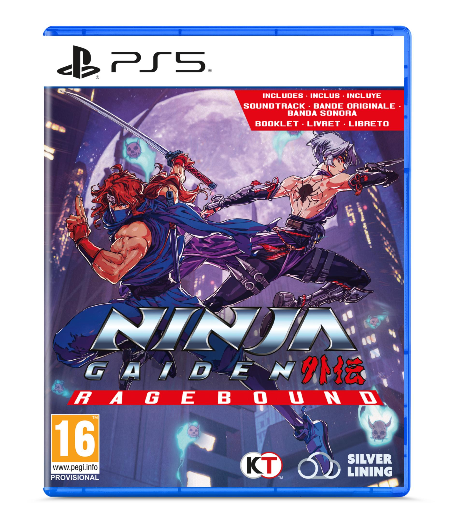 Portada del juego PS5 'Ninja Gaiden: Ragebound' con dos ninjas luchando ante un horizonte urbano.