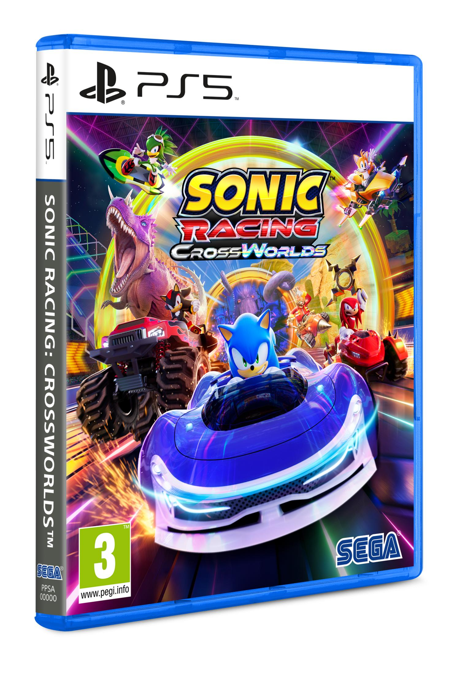 Copertina del gioco Sonic Racing: Crossworlds PS5. Sonic guida un'auto blu, inseguito da altri.