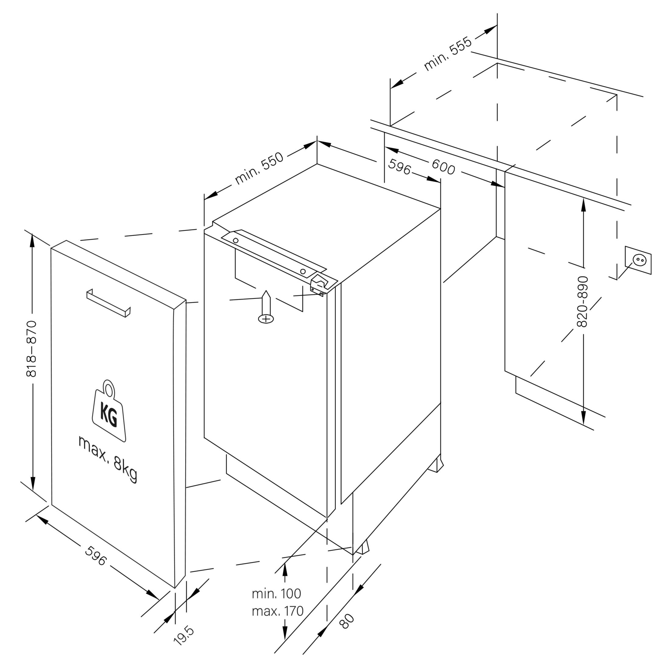 Dibujo técnico de un electrodoméstico con medidas e indicación de peso (máx. 8 kg).