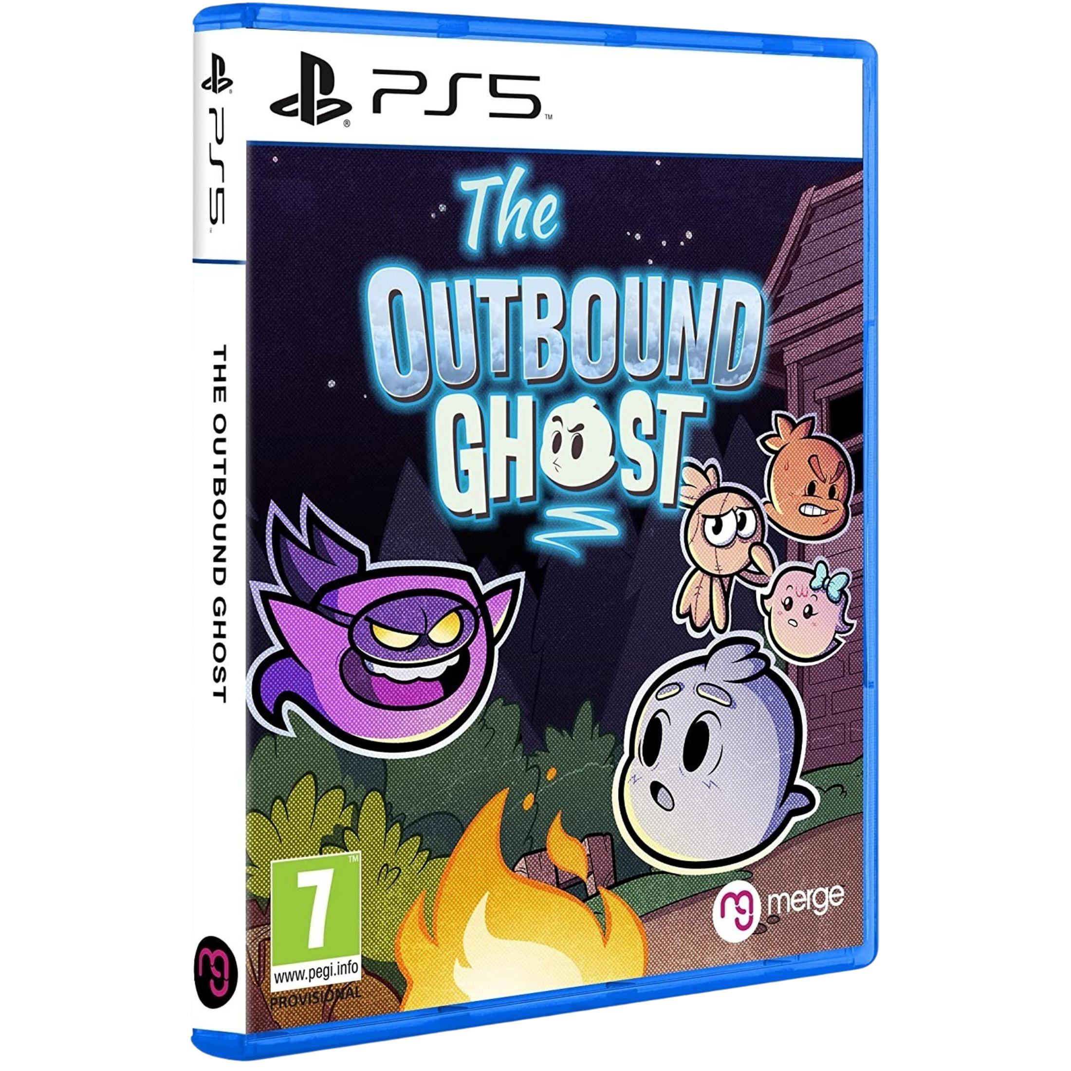 Caja de juego PS5: The Outbound Ghost. Presenta fantasmas de dibujos, fogata y PEGI 7.