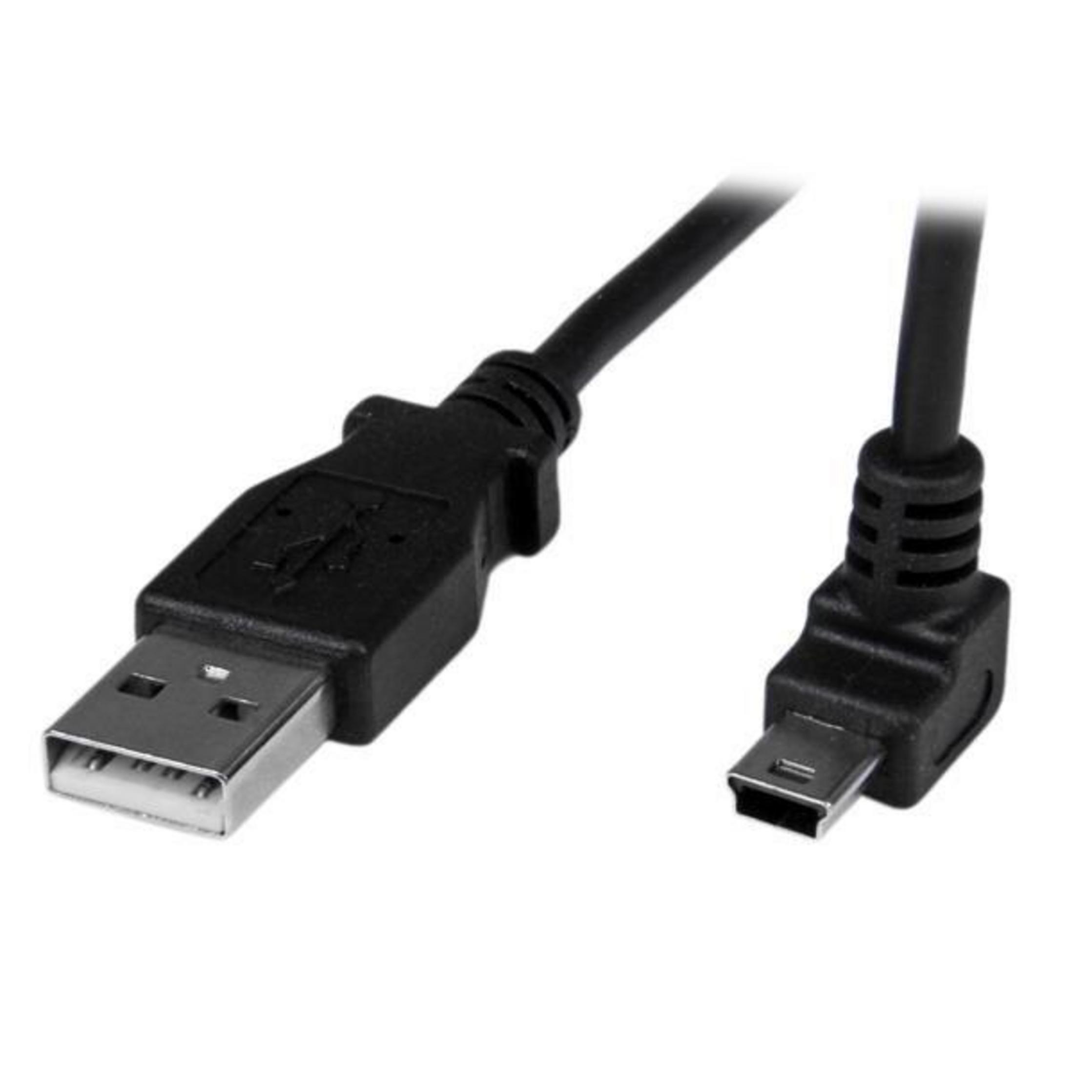 Un cavo USB nero con connettore USB-A standard e connettore mini-USB angolato.