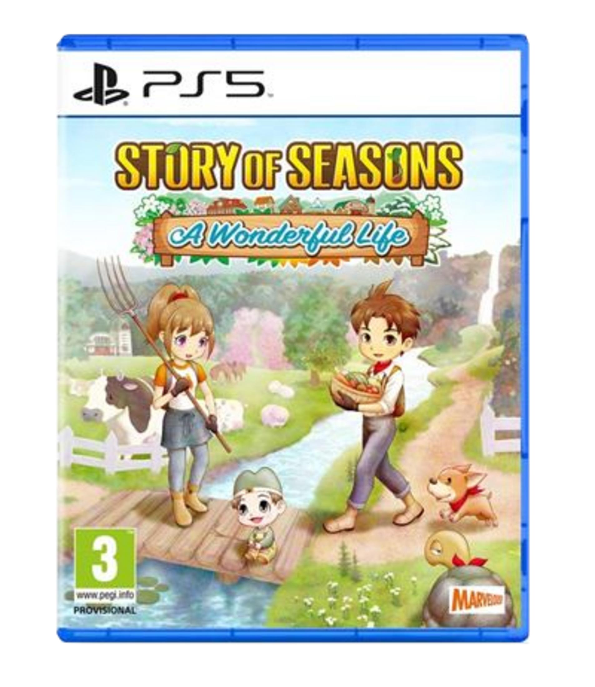 Jeu PS5 "Story of Seasons: A Wonderful Life". Personnages, vache, chien, tortue, paysage.
