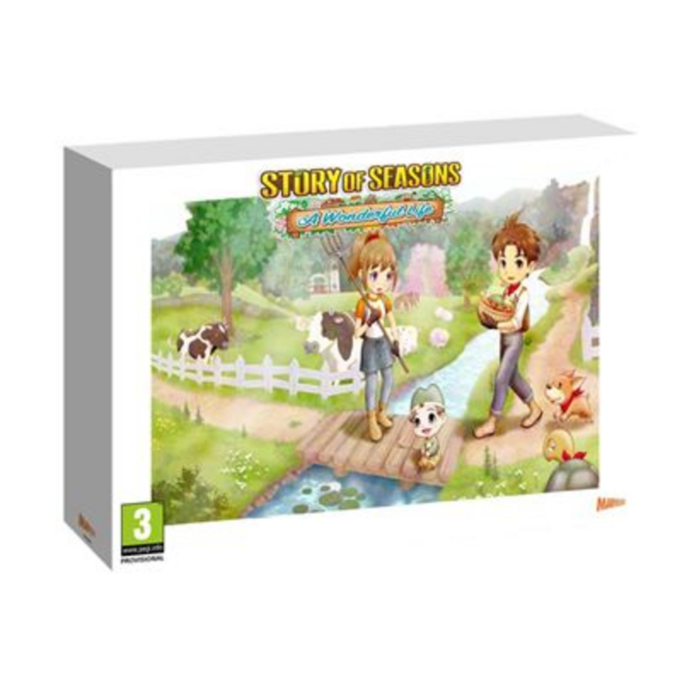 Boîte de jeu : Garçon avec panier, fille avec fourche, enfants, vaches, chien à la ferme.