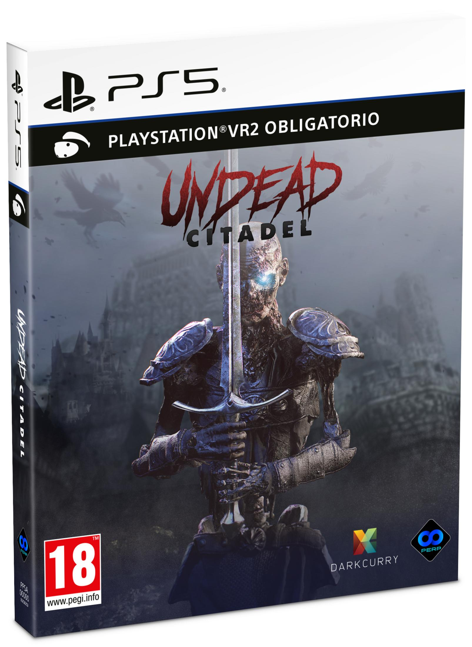 Copertina: Guerriero non morto con spada, logo PS5, bollino 18, castello cupo.