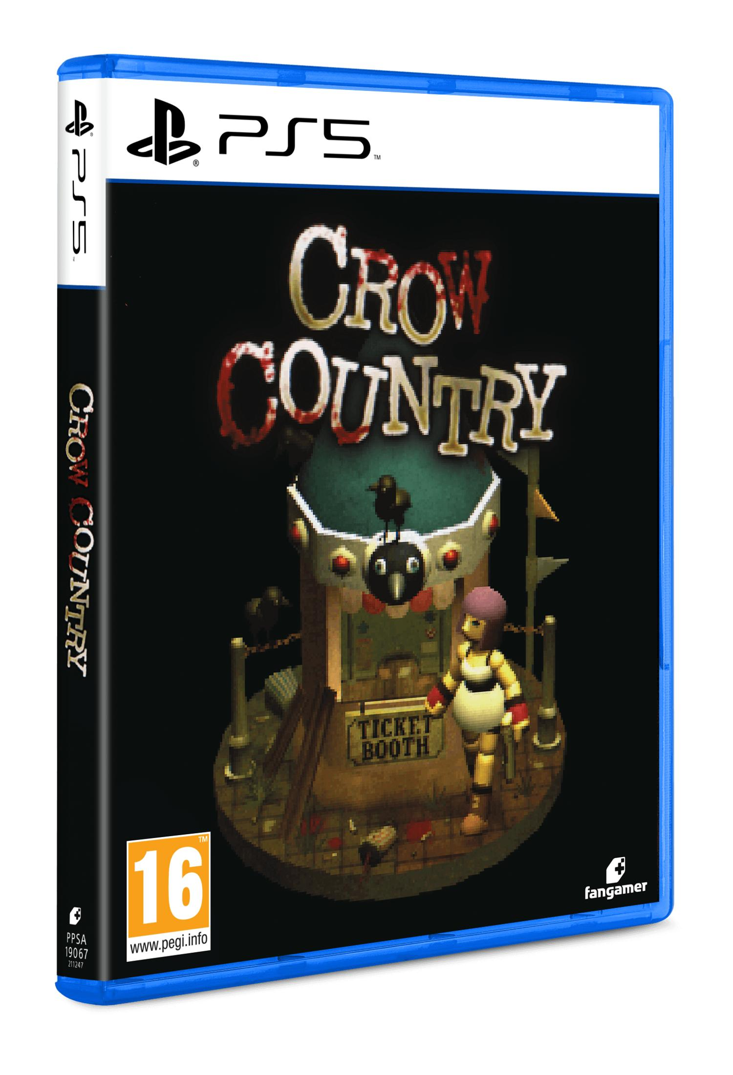 Caja de juego PS5 para Crow Country con puesto de venta de entradas y personaje.
