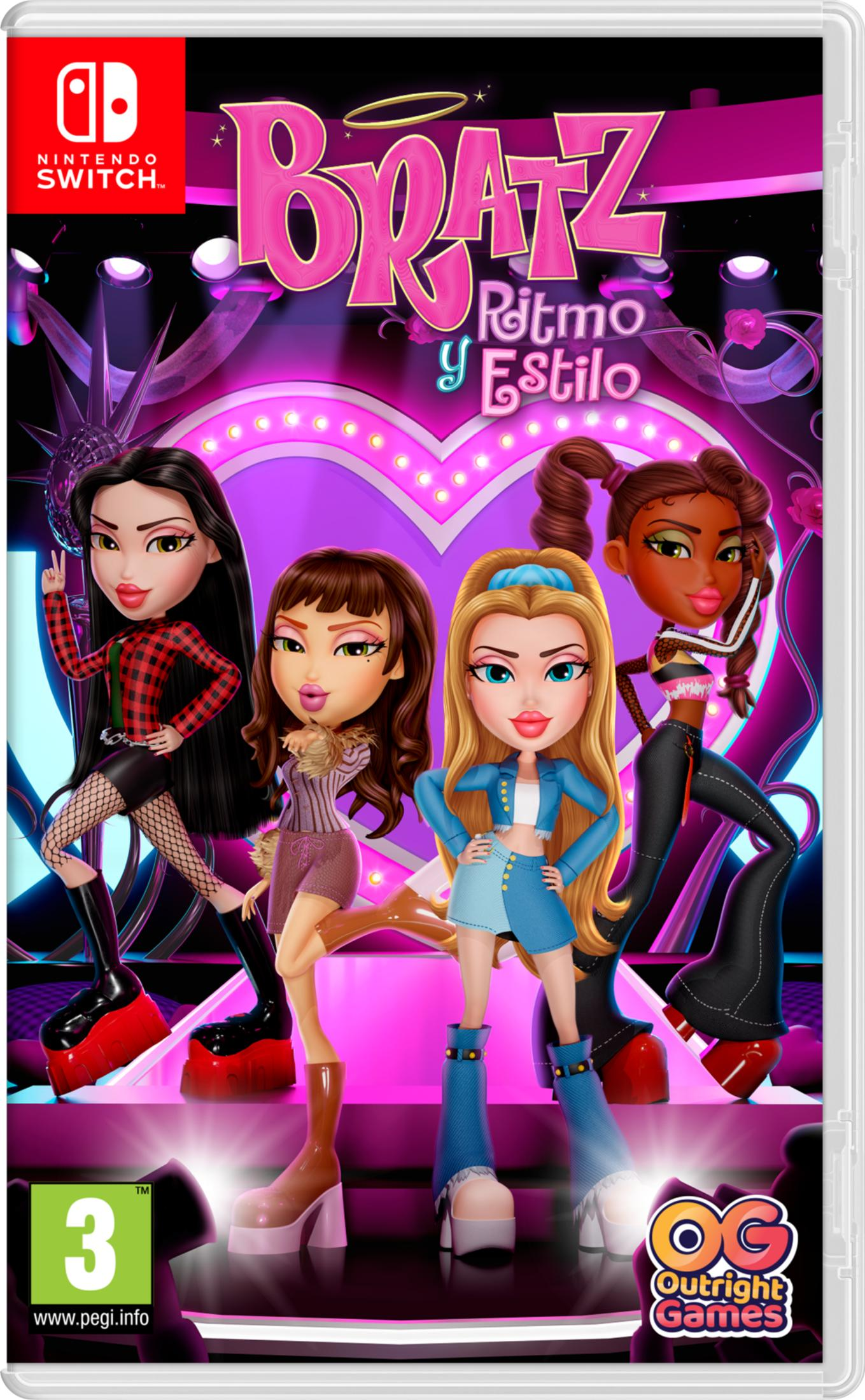 Cuatro muñecas Bratz posan en un escenario con fondo de corazón y el logo de Nintendo Switch.